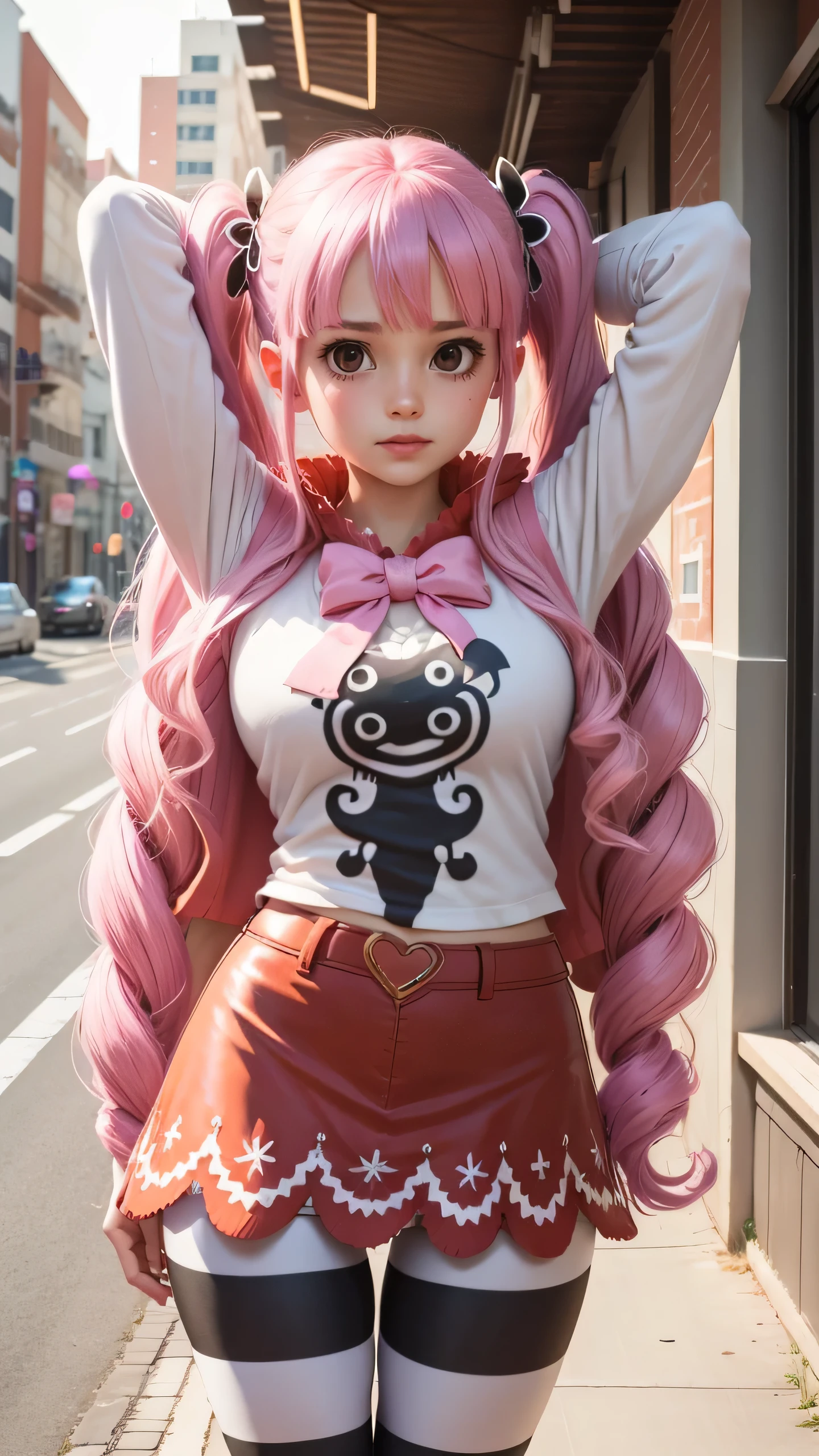 extremely detailed CG unity 8k wallpaper, best quality, ultra-detailed, masterpiece, realistic, photo realistic, blush, parted lips, looking at viewer , half body shot , (Perona One Piece), ping long hair, blushing, beautiful face, embarrassed face, standing, arms behind head, cute face, goth outfit, twintails, outdoor, sakura blossom, stripe legging, skirt, smile at viewer,