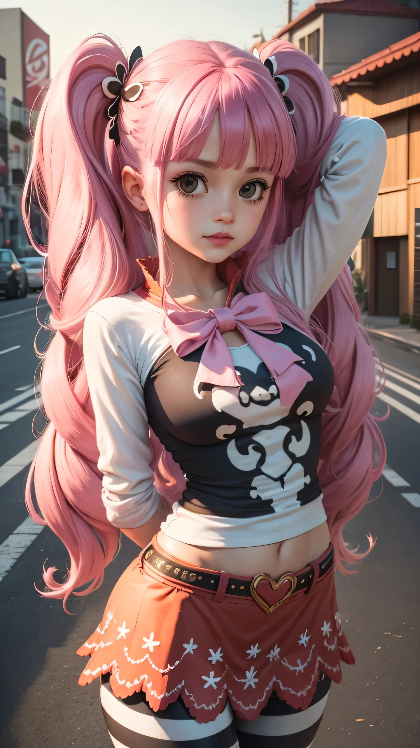 extremely detailed CG unity 8k wallpaper, best quality, ultra-detailed, masterpiece, realistic, photo realistic, blush, parted lips, looking at viewer , half body shot , (Perona One Piece), ping long hair, blushing, beautiful face, embarrassed face, standing, arms behind head, cute face, goth outfit, twintails, outdoor, sakura blossom, stripe legging, skirt, smile at viewer,
