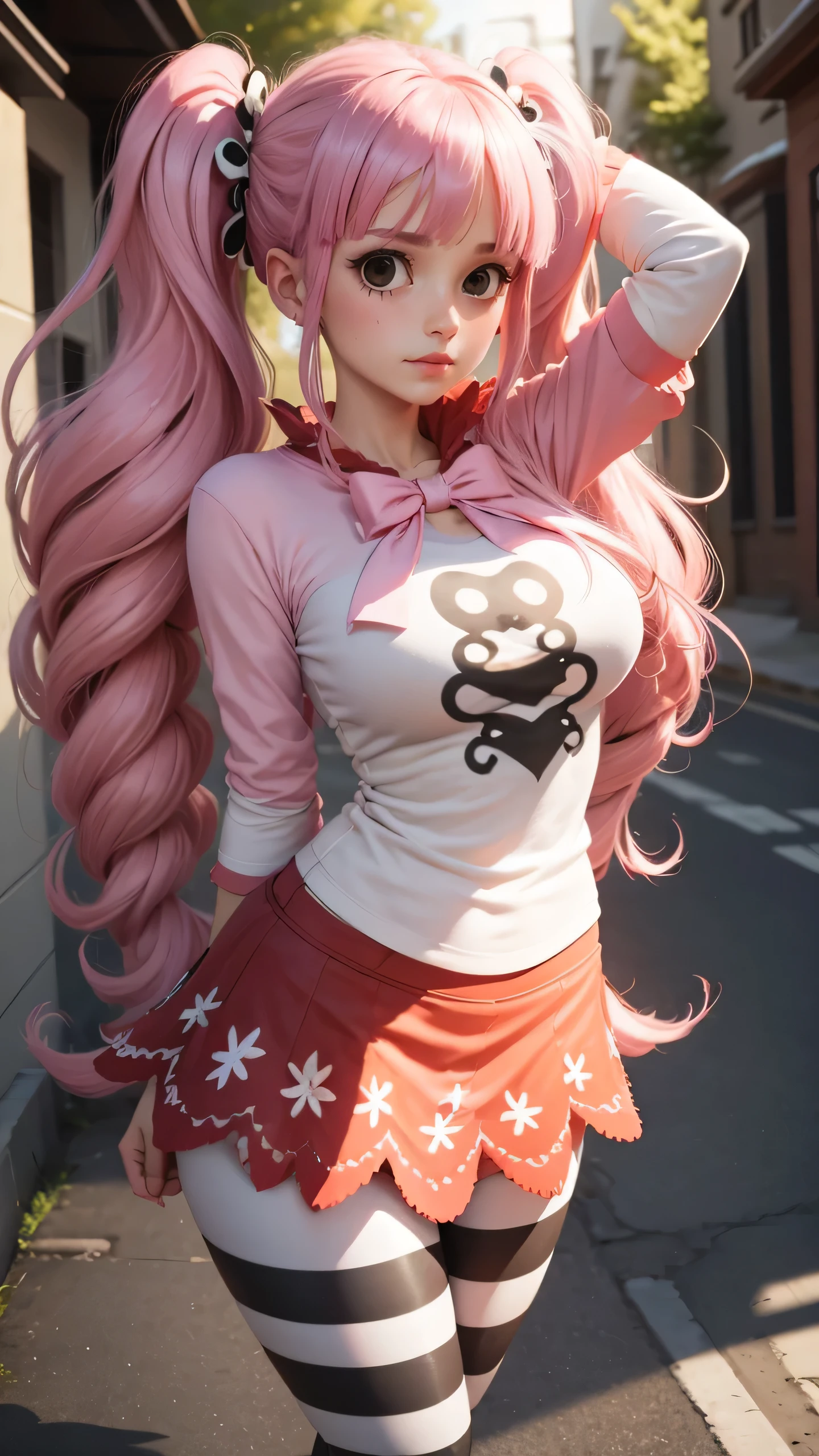 extremely detailed CG unity 8k wallpaper, best quality, ultra-detailed, masterpiece, realistic, photo realistic, blush, parted lips, looking at viewer , half body shot , (Perona One Piece), ping long hair, blushing, beautiful face, embarrassed face, standing, arms behind head, cute face, goth outfit, twintails, outdoor, sakura blossom, stripe legging, skirt, smile at viewer,