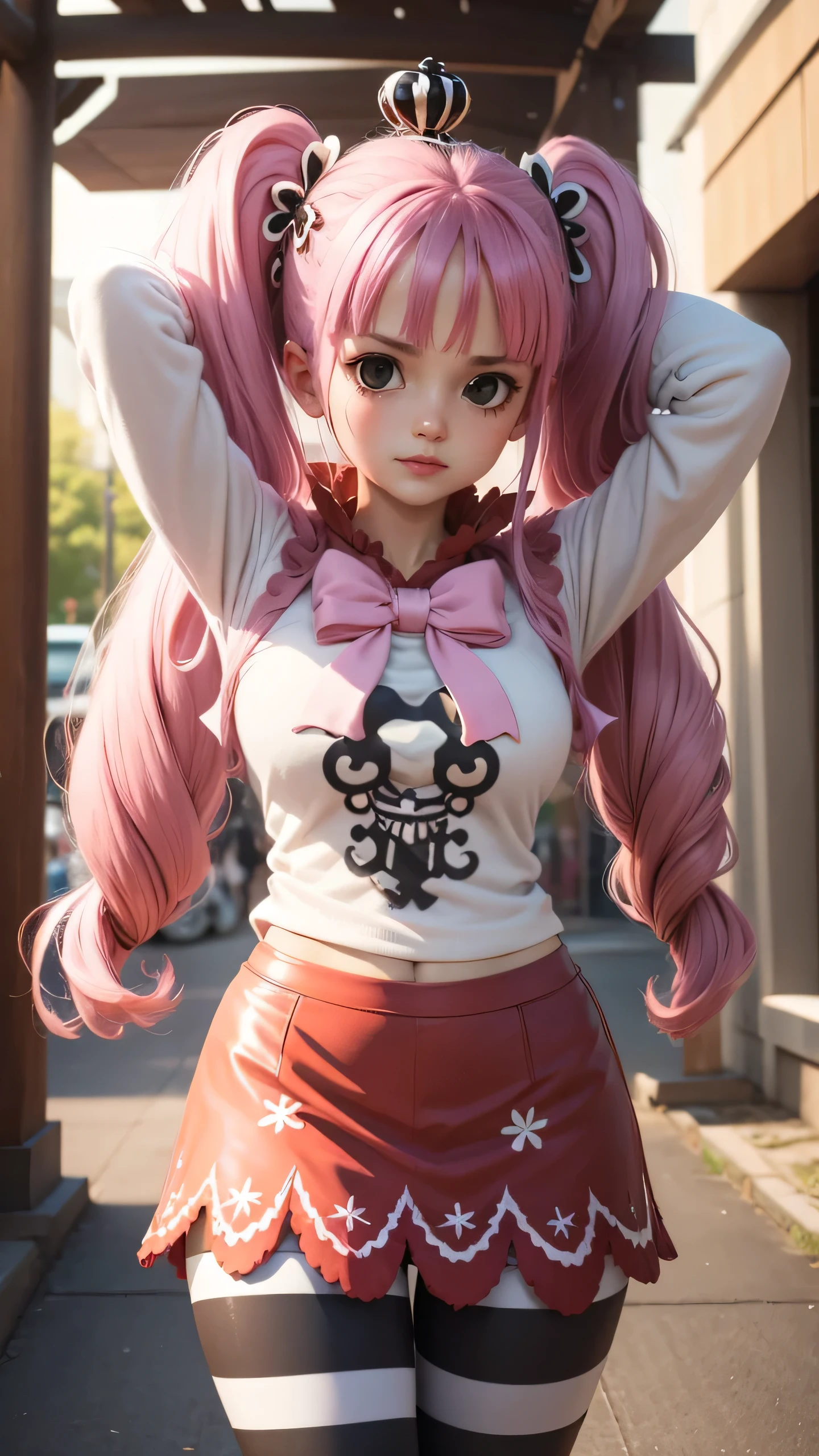 extremely detailed CG unity 8k wallpaper, best quality, ultra-detailed, masterpiece, realistic, photo realistic, blush, parted lips, looking at viewer , half body shot , (Perona One Piece), ping long hair, blushing, beautiful face, embarrassed face, standing, arms behind head, cute face, goth outfit, twintails, outdoor, sakura blossom, stripe legging, skirt, smile at viewer,