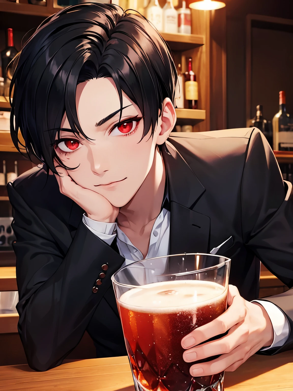 A 20-year-old boy dressed in casual clothes with short black hair clapped his hand on the wine table，Emotional，Inside the bar，grand master，tmasterpiece，8k wallpaper，CG，Ultra-high image quality，light and shadow effect