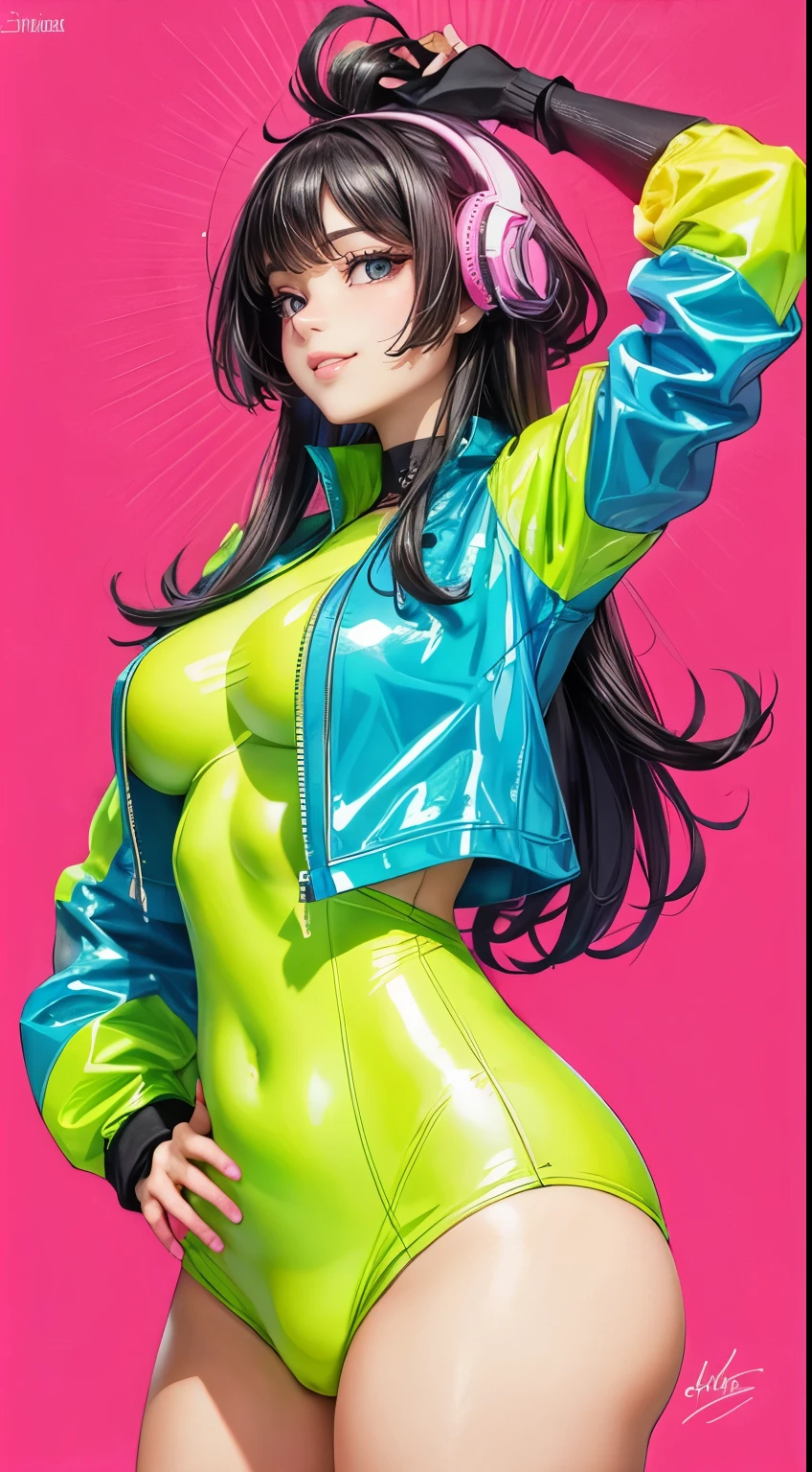 (Melhor qualidade, obra de arte:1.2), a beautiful curvy woman, seios grandes, ajustar, cintura fina, neon latex, Cidade ciberpunk, Estilo Anime, linhas simples