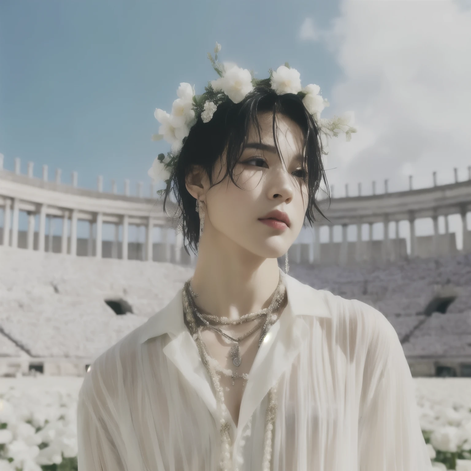 un primer plano de un hombre vestido con una camisa blanca y una corona de flores, delicate androgynous prince, beautiful androgynous prince, park Jimin, Jimin\'s grecian nose, Cai Xu Kun, Jung Jaehyun, Jimin, aesthetic jinyoung pimple, jinyoung shin, kim doyoung, en un coliseo, hermoso y estetico, kiko mizuhara