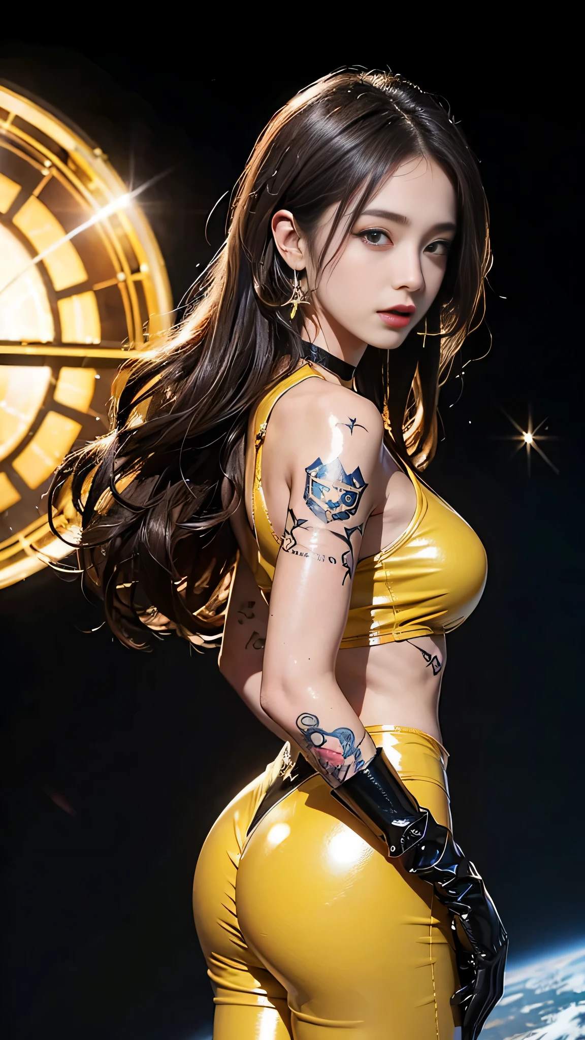 ((masterpiece:1.4)、(highest quality:1.4)、(realistic:1.7))、masterpiece:1.4、(Finest rendering:1.4)、(Kaoru, Beautiful navigator of Space Battleship Fuji:1.4)、super beautiful航海士Kaoru、(Written by Luis Royo:1.4)、(Uniforms that highlight your beautiful style:1.2)、(Futuristic sci-fi battle fashion:1.2)、(street style clothing)、(tight fit pants)、(luxury shiny latex:1.4)、(luxury yellow latex:1.4)、19 years old、(cute tattoo:1.4)、(wearing yellow gloves)、pretty girl、super beautiful、(seductive pose)、sharp focus、portrait photography:1.4、8k、realistic photo images:1.4、(perfect female body:1.4)、perfect proportions、(Are standing:1.4)、(Upper body shot:1.4)、beautiful face、A fearless expression、beautiful eyes、(A girl with a beautiful body that emphasizes her slender abdominal muscles)、tight waist、(9 life-size style beautiful girl)、(Beautiful girl with long legs and good style:1.4)、beautiful feet、(long hair:1.2)、dark makeup、eye shadow、Glow eye、glow lip、beautiful breasts、big breasts:1.2、sexy ass、(Are standing facing forward:1.4)、RAW photo、red lips、Yellow high heels:1.4、choker:1.4、necklace:1.4、earrings:1.4、1 screen display、space battleship fuji bridge:1.2