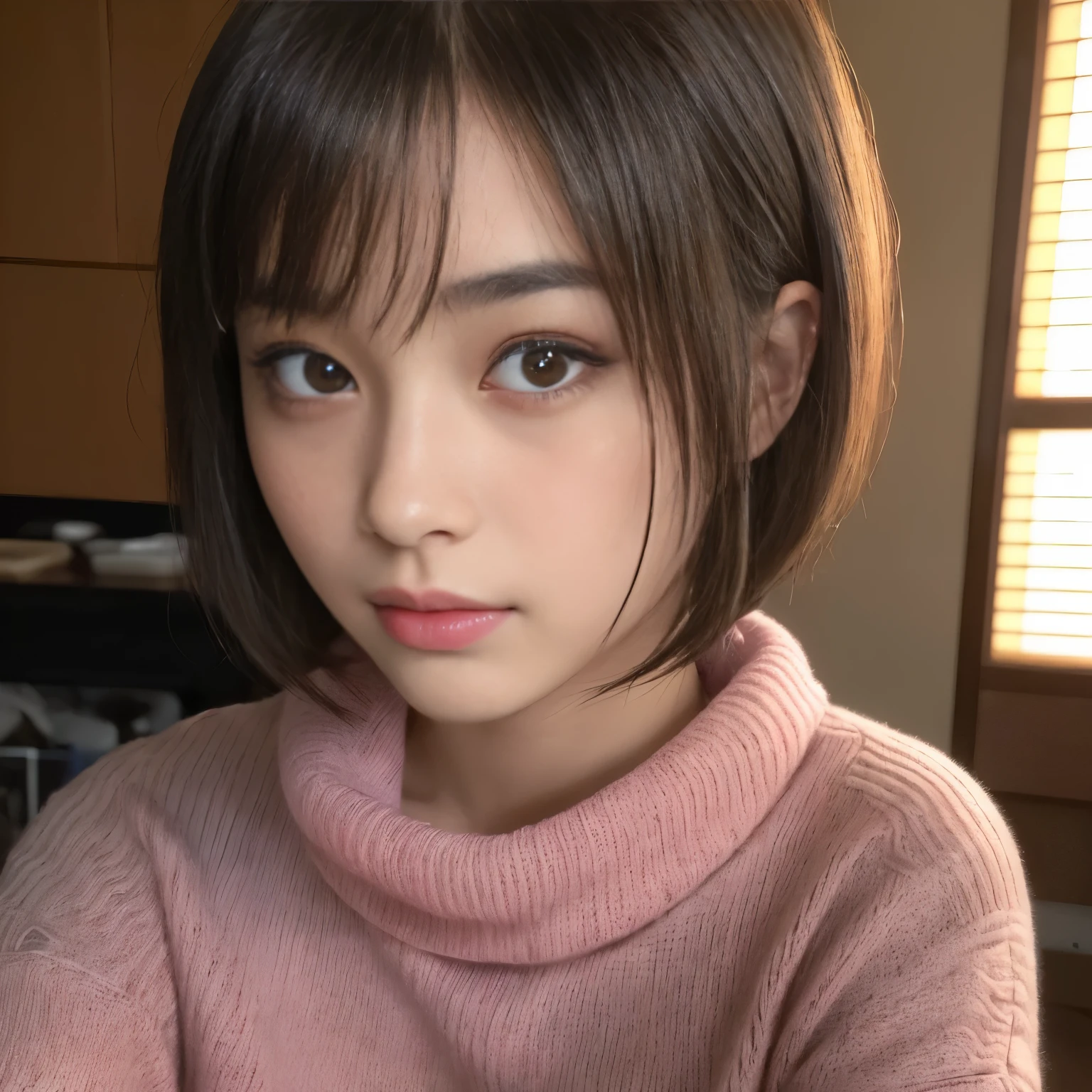 ((Best-quality, Masterpiece, Ultra-High-Resolution, (Photorealistic:1.9), Raw-Photo, Extremely-Details, Perfect-Anatomy)), 1girls, 18-years-old, the most popular Japanese idol, (((((extremely cute face like a most famous Japanese idol, extremely beautiful big-black-solid-eyes, extremely beautiful blonde-short-cut-haired))))), extremely beautiful lips, extremely beautiful long-eyelashes, (extremely beautiful realistic-skins), wearing only light-pink loose-sweater, selfie