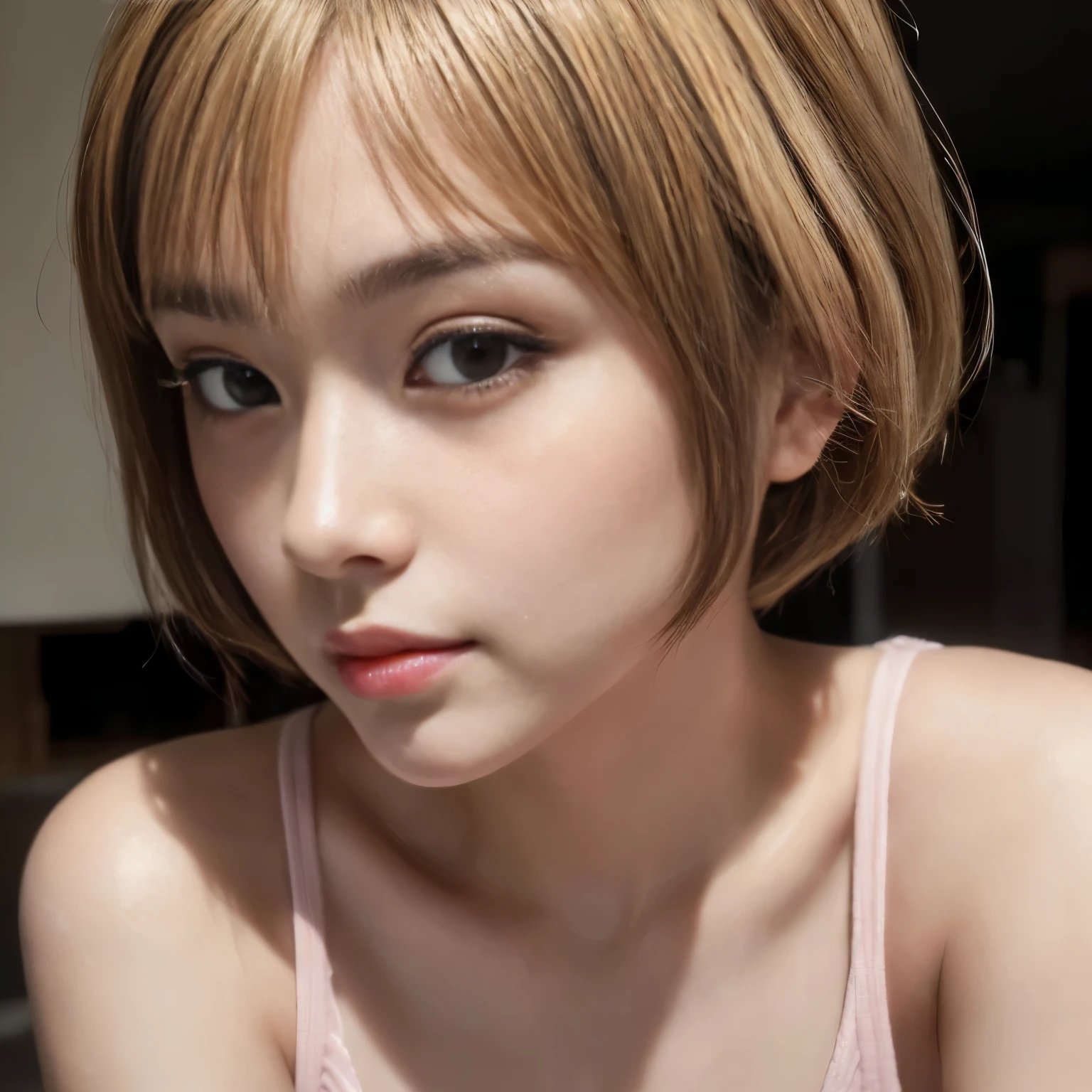 ((Best-quality, Masterpiece, Ultra-High-Resolution, (Photorealistic:1.9), Raw-Photo, Extremely-Details, Perfect-Anatomy)), 1girls, 18-years-old, the most popular Japanese idol, (((((extremely cute face like a most famous Japanese idol, extremely beautiful big-black-solid-eyes, extremely beautiful blonde-short-cut-haired))))), extremely beautiful lips, extremely beautiful long-eyelashes, (extremely beautiful realistic-skins), wearing only light-pink loose-sweater, selfie