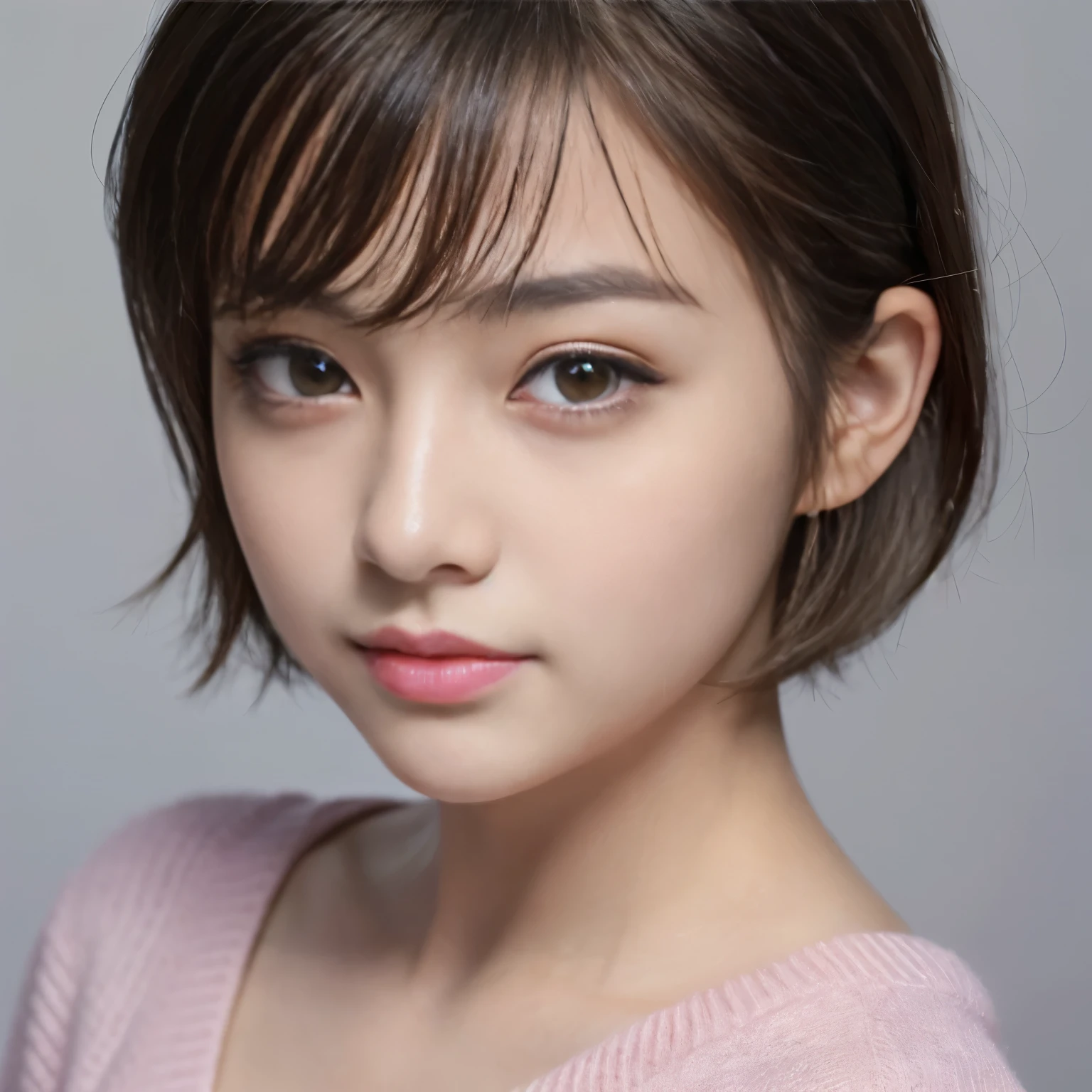 ((Best-quality, Masterpiece, Ultra-High-Resolution, (Photorealistic:1.9), Raw-Photo, Extremely-Details, Perfect-Anatomy)), 1girls, 18-years-old, the most popular Japanese idol, (((((extremely cute face like a most famous Japanese idol, extremely beautiful big-black-solid-eyes, extremely beautiful blonde-short-cut-haired))))), extremely beautiful lips, extremely beautiful long-eyelashes, (extremely beautiful realistic-skins), wearing only light-pink loose-sweater, selfie