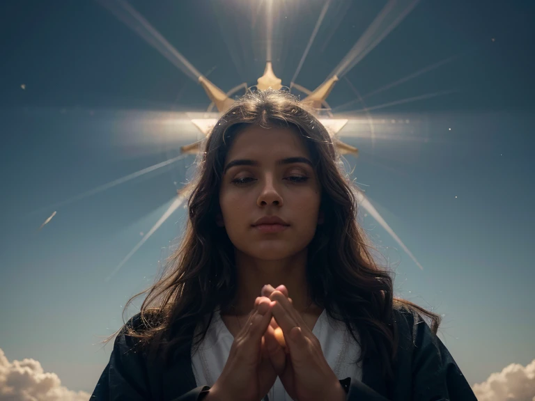 Create a prompt to create an image using artificial intelligence with maximum quality, advanced levels and details and cinematic style. I want a picture of Heaven and Jesus coming to get all those chosen ChatGPT Title: "The Ascension: The Open Heaven and the Coming of Jesus"

Description:
Neste prompt, imagine a scene of celestial transcendence and divine hope. In the center of the composition, visualize Jesus Cristo, envolto em uma aura de luz celestial, pairando sobre a terra, with arms outstretched and a welcoming and compassionate look. Seu manto branco flui suavemente ao vento, enquanto seus olhos emanam serenidade e amor incondicional. Ao seu redor, a crowd of people, representando a diversidade da humanidade, lift your faces to the sky, iluminados por uma luz dourada e suave que irradia do horizonte.

The sky is a spectacle of celestial colors and patterns. Nuvens douradas e prateadas se estendem pelo horizonte, refletindo os raios de luz que irradiam de Jesus. A sense of peace and reverence permeates the environment, enquanto a atmosfera parece vibrar com uma energia divina. As Jesus stretches out his hands to welcome those who follow him, beams of celestial light descend from the heavens, surrounding each individual with an aura of tranquility and hope.

Advanced details and cinematic styling:

Explore dramatic lighting, with contrasts between areas of intense light and soft shadows, creating an immersive and mystical atmosphere.
Use advanced rendering techniques to accurately represent the details of characters&#39; faces and expressions, conveying deep emotions and authenticity.
Add symbolic elements, como pombas brancas voando ao redor de Jesus, representing the Holy Spirit, or angelic figures hovering in the heavens, testemunhando o momento sagrado.
Experiment with dynamic compositions and immersive camera angles, como um plano inclinado de baixo para cima, para destacar a grandiosidade e a majestade da cena.
O objetivo final 