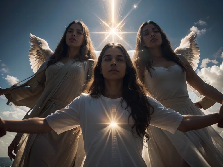 Create a prompt to create an image using artificial intelligence with maximum quality, advanced levels and details and cinematic style. I want a picture of Heaven and Jesus coming to get all those chosen ChatGPT Title: "The Ascension: The Open Heaven and the Coming of Jesus"

Description:
Neste prompt, imagine a scene of celestial transcendence and divine hope. In the center of the composition, visualize Jesus Cristo, envolto em uma aura de luz celestial, pairando sobre a terra, with arms outstretched and a welcoming and compassionate look. Seu manto branco flui suavemente ao vento, enquanto seus olhos emanam serenidade e amor incondicional. Ao seu redor, a crowd of people, representando a diversidade da humanidade, lift your faces to the sky, iluminados por uma luz dourada e suave que irradia do horizonte.

The sky is a spectacle of celestial colors and patterns. Nuvens douradas e prateadas se estendem pelo horizonte, refletindo os raios de luz que irradiam de Jesus. A sense of peace and reverence permeates the environment, enquanto a atmosfera parece vibrar com uma energia divina. As Jesus stretches out his hands to welcome those who follow him, beams of celestial light descend from the heavens, surrounding each individual with an aura of tranquility and hope.

Advanced details and cinematic styling:

Explore dramatic lighting, with contrasts between areas of intense light and soft shadows, creating an immersive and mystical atmosphere.
Use advanced rendering techniques to accurately represent the details of characters&#39; faces and expressions, conveying deep emotions and authenticity.
Add symbolic elements, como pombas brancas voando ao redor de Jesus, representing the Holy Spirit, or angelic figures hovering in the heavens, testemunhando o momento sagrado.
Experiment with dynamic compositions and immersive camera angles, como um plano inclinado de baixo para cima, para destacar a grandiosidade e a majestade da cena.
O objetivo final 