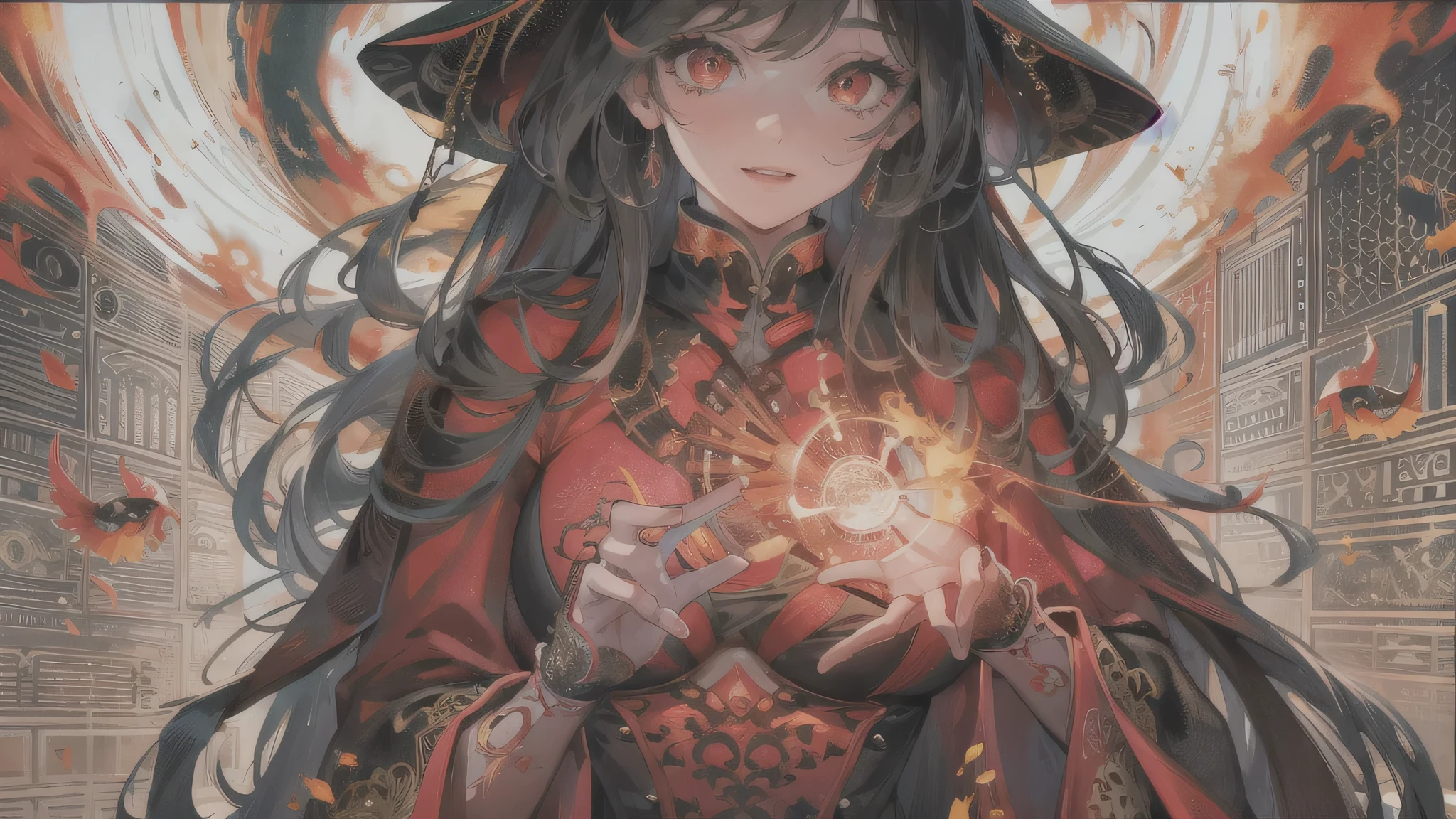 perfect anatomy, masterpiece:1.4, best quality, 8k, beautiful detailed grow, daydreaming expression:1.4, Precise and unmatched illustrations:1.3, break, (((Shooting flame from her hands))) from side:1.2 (solo straight black hair long hair femdom cute girl, 17 yo, detailed red eyes, sexy smile, bigboobs), in a red Witch Costume, enchanted hands, in the Magic Circle, background is Magic Circle.