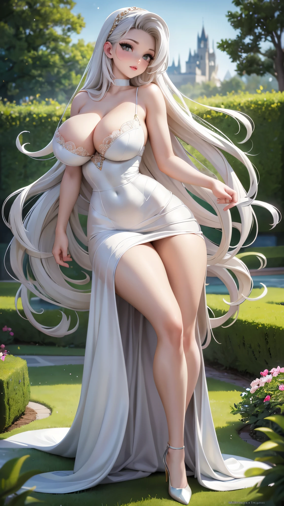 (nsfw,21 years old),completely white,and gray eyes,white hair,ultra-high detailed,fairy-like features,elegant,elegant,masterpiece:1.2,golden,full-body,portrait,beautiful detailed eyes,beautiful detailed lips,extremely detailed eyes and face,long eyelashes,long flowing hair,white dress,golden elegant dress,delicate lace details,full-length dress,perfect fit,highlighting curves,big tits,sexy and feminine,slender waist,long legs,big legs,elegant shoes,high-heeled shoes,delicate embroidery,garden background in the night,night scene,moonlight shining,glimmering stars,enchanted atmosphere,lush greenery,tranquil and serene,subtle lighting,fairytale-like setting,romantic ambiance.