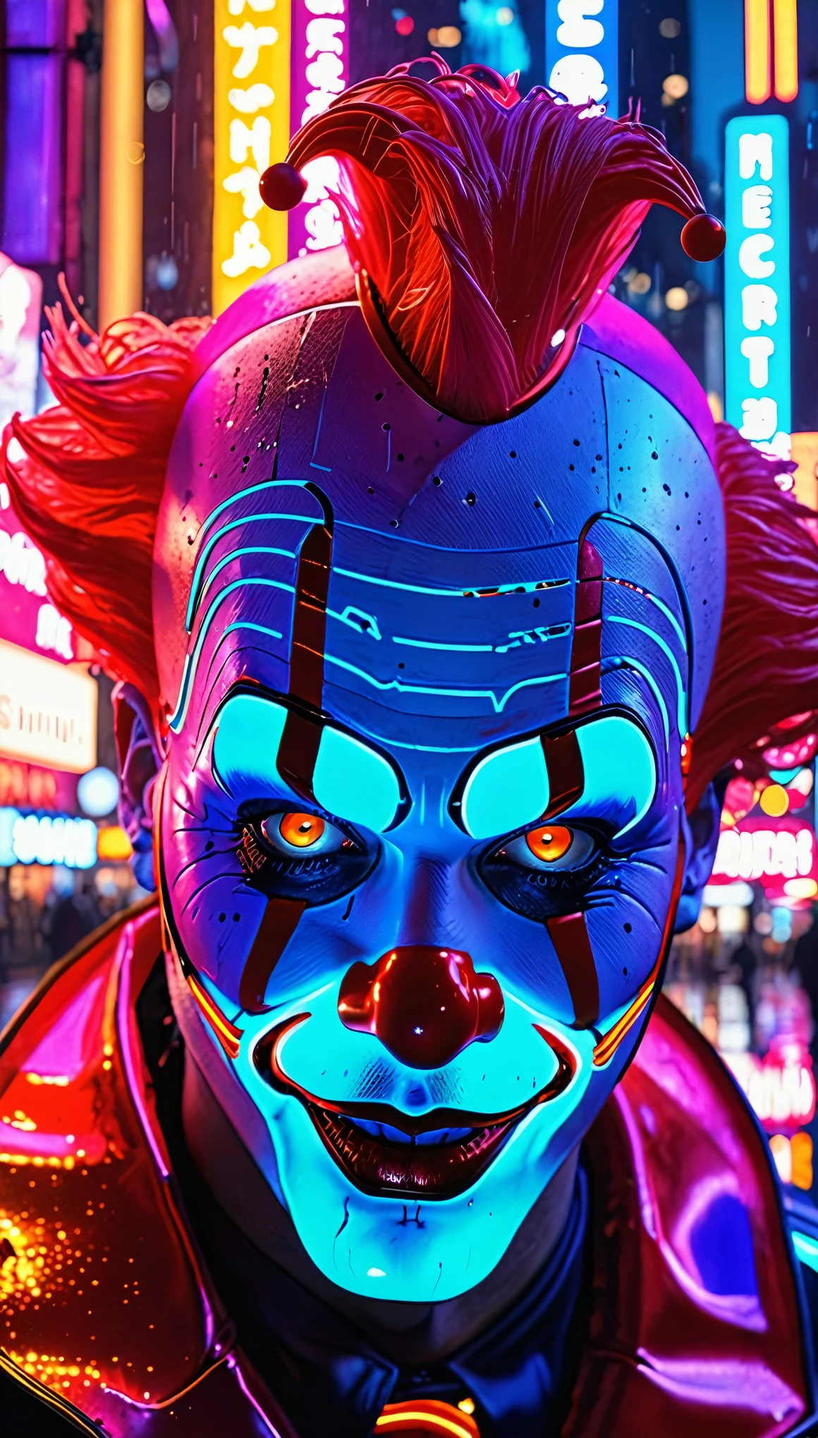 "(Best quality, 4k, 8k, highres, masterpiece:1.2), ultra-detailed, neon clown sign, cyberpunk, vibrant colors, glowing lights, detailed clown makeup, shiny metallic surfaces, futuristic cityscape in the background, lively atmosphere, reflection of lights on wet ground"