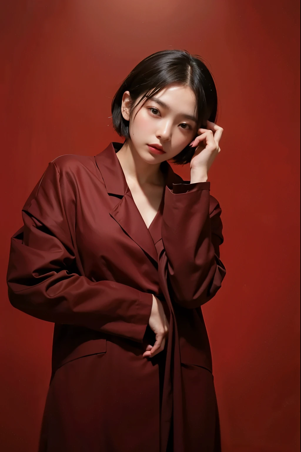 (Best quality, 8k, 32k, Masterpiece, UHD:1.2) "Generate a captivating artwork featuring a young Japanese girl model with short, sleek black hair styled in a chic bob haircut. Envision her bathed in dramatic cinematic lighting, creating an atmosphere of allure and mystery. Emphasize a romantic aesthetic vibe, showcasing the model in a poised and elegant pose that evokes a sense of intimacy and sophistication. Utilize warm and soft tones to enhance the romantic ambiance, and consider incorporating elements like flowing fabrics or flowers to add a touch of ethereal beauty. Capture the essence of romance and beauty through the model's expression, the play of light and shadows, and the overall aesthetic, creating a visually compelling and emotionally resonant piece." (perfect eyes), flawless skin, flawless face, cinematic, tight body, ((well-proportion female hands)), ((female hands with five digits)) ((Body is well proportioned)), ((chic bob haircut)), soft focus ((Short Black Hair)),
