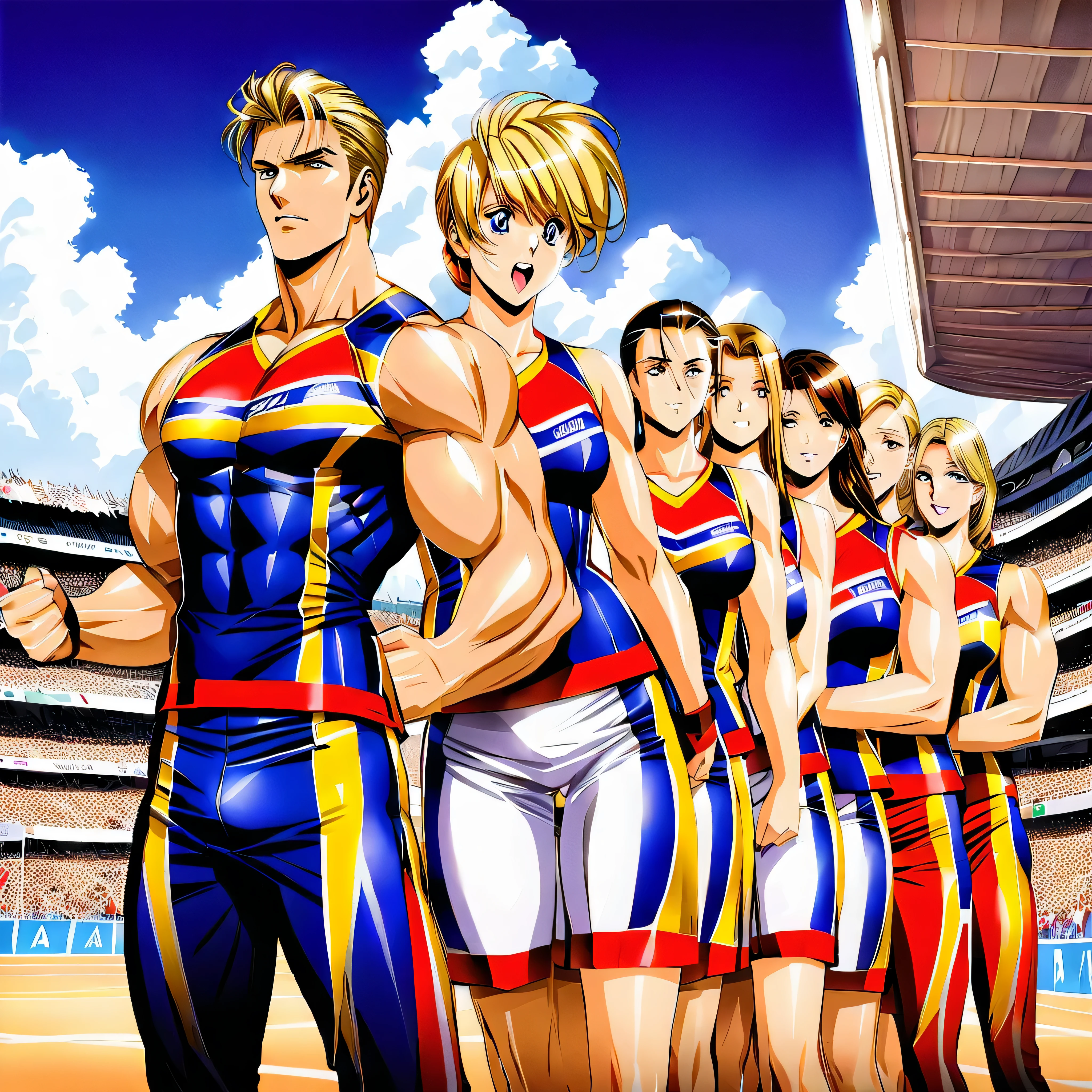 A Swedish women's volleyball team (blonde hair, blue eyes, smoking hot), with a secret agent male bodybuilder in an outfit matching the women, are visiting China. The scene unfolds with the Swedish women's volleyball team standing together on a vibrant volleyball court. The court is surrounded by a large crowd, cheering and clapping as the players prepare to showcase their skills. The team members, have flowing blonde hair and captivating blue eyes that enhance their stunning appearance. Their attractiveness adds to the excitement of the onlookers. Each member of the team exudes confidence and athleticism, with toned bodies reflecting their dedication to their sport. Their outfits are sleek and stylish, designed to emphasize their physical prowess. The female athletes radiate elegance and exhibit a strong bond as they stand side by side. Accompanying the Swedish women's volleyball team is a secret agent male bodybuilder. He blends seamlessly with the group, wearing an outfit that matches the women's attire. His muscular physique, honed from intense training, is a testament to his discipline and strength. The backdrop of the scene is beautifully set, with iconic landmarks visible in the distance. The team's presence in this captivating country symbolizes the global appeal of the sport and their ability to transcend borders. To capture the essence of this image, the prompt incorporates various elements related to image quality, artistic style, color tone, and lighting. It begins with a focus on achieving the best quality and high resolution, ensuring every detail is crisp and clear. Ultra-detailed descriptions bring out the intricacies of the characters' facial features and physiques. The prompt calls for a realistic and photorealistic rendering of the scene, emphasizing the desire for an authentic representation of the subject matter. To enhance the overall appeal suggests adding vibrant colors, reminiscent, --v6 --s1000 --c20 --q5 --choas100