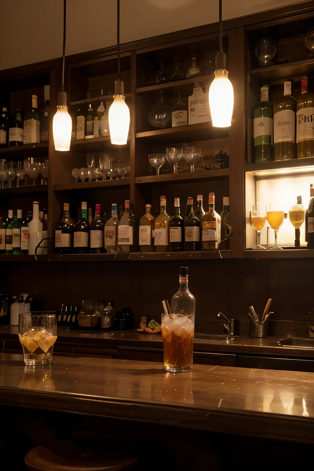 High quality masterpieces, (highly detailed Unity 8k CG wallpapers), (highest quality), (best shading), retrofuturistic digital paintings, neon lights, empty bar counter, beautifully displayed drinks, bar counter, stylish interior, bar with neon shelves