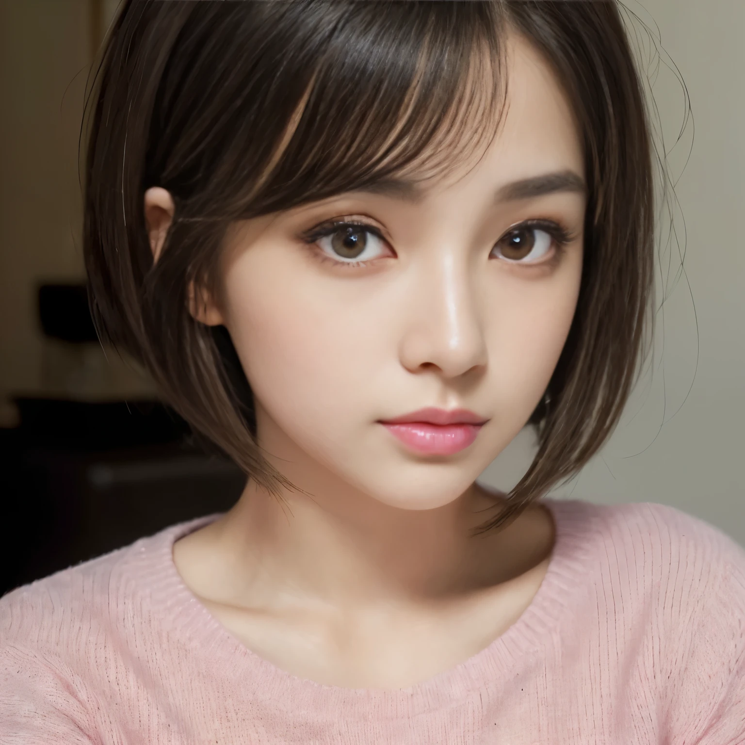 ((Best-quality, Masterpiece, Ultra-High-Resolution, (Photorealistic:1.9), Raw-Photo, Extremely-Details, Perfect-Anatomy)), 1girl, 25-years-old, the most popular Japanese idol, (((((extremely cute face like a most famous Japanese idol, extremely beautiful big-black-solid-eyes, extremely beautiful blonde-short-cut-haired))))), extremely beautiful lips, extremely beautiful long-eyelashes, (extremely beautiful realistic-skins), wearing only light-pink loose-sweater, selfie