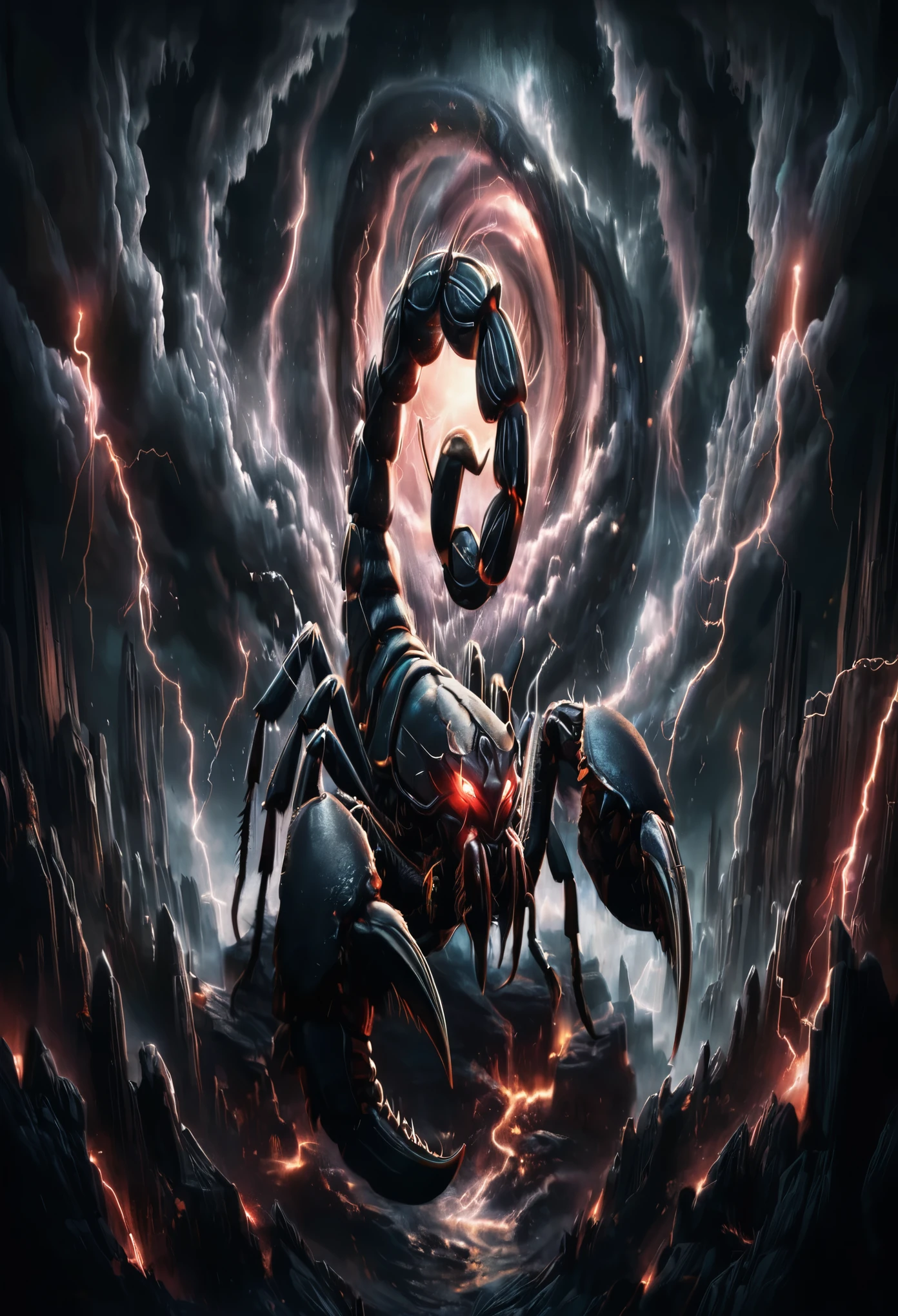 scorpion with lightning in the background, by Adam Marczyński, scorpion, epic fantasy sci fi illustration, an ominous fantasy illustration, by Aleksander Kotsis, by Aleksander Gierymski, by Adam Szentpétery, guillem h. pongiluppi, by Elias Ravanetti, symmetrical epic fantasy art, fractal thunder dan mumford