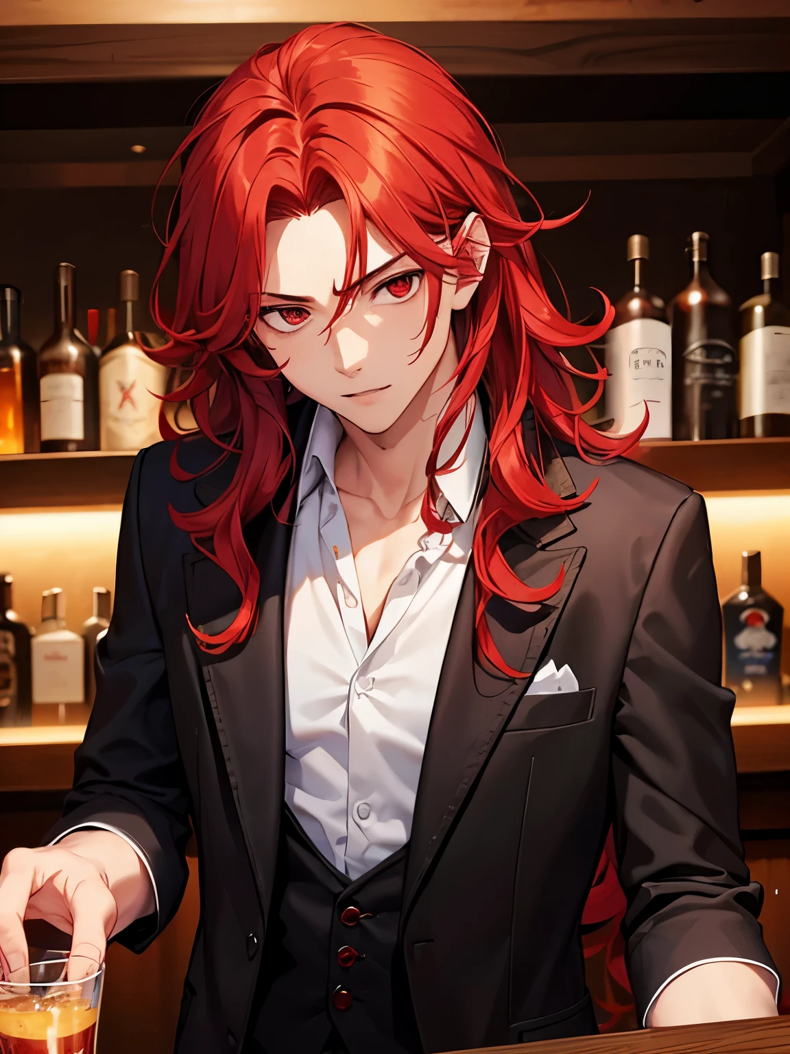 1boy,cool style,handsome,Curly hair, red hair, red eyes, shoulder length hair, vampire, handsome, vampire clothes, standing in the bar, close up photo