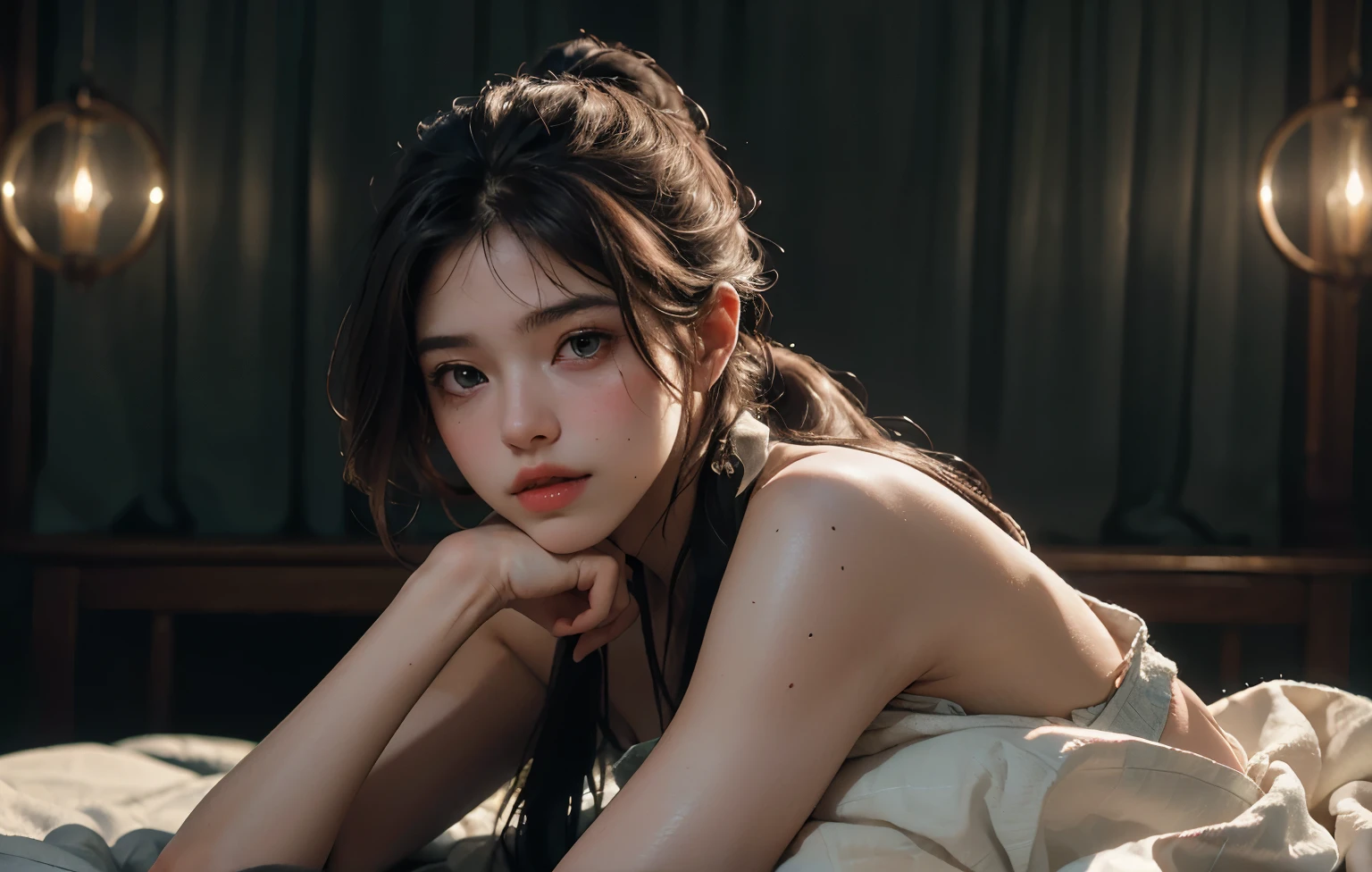 1 girl, Best quality, masterpiece, ultra high res, (photorealistic:1.4), raw photo, 1girl, see through spaghetti strap shirt, cinematic lighting, half body view, half body shot, bedroom, nude but covered by blanket, long ponytail, Whimsical lighting, Enchanted ambiance, bokeh, Dreamy decor, Whimsical lighting, Enchanted ambiance