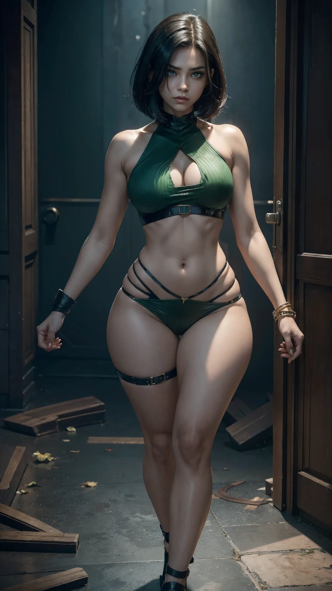 a female, juvenile version of the Marvel Carnage character, extremely beautiful, the most beautiful in the whole world, very big eyes, very green irises, very full lips, straight hair, short hair, very thin waist, very flat stomach, micro breasts, very wide hips , very thick thighs, small hands, very detailed face, intrinsic details, (always repeat the same face), (always repeat the same appearance), (always repeat the same proportions), (always repeat the same clothes), looking at the camera, completely alone, always shown full body,