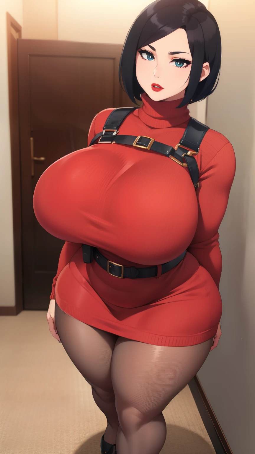 won is here, (((Last))), black hair, short hair, perfect face, perfect eyes, looking at the viewer, swollen lips, thick lips, wide hips, thick thighs, Longing face, huge natural breasts, mature mom, indoors, modern interior, fake breasts, asian women, there is a sweater, red sweater, sweater dress, turtleneck, Harness, pantyhose, black eye, looking at the viewer, big breasts, parted lips, red lips, lipstick, holster, belt, mature woman, full body shot, Strong lower body, strong legs,strong calves,plump body,