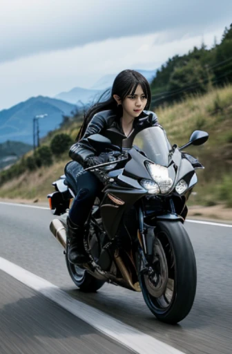 best quality, detailed, beautiful, insanely detailed, absurdres,perfect anatomy,
Japanese woman,black hair,27 years old,
(slender),
(small breasts),(long exposure:1.0)
full body shot, (Riding a motorcycle in a forward leaning position:1.1), speeding down a straight road, (dynamic angle:1.3)