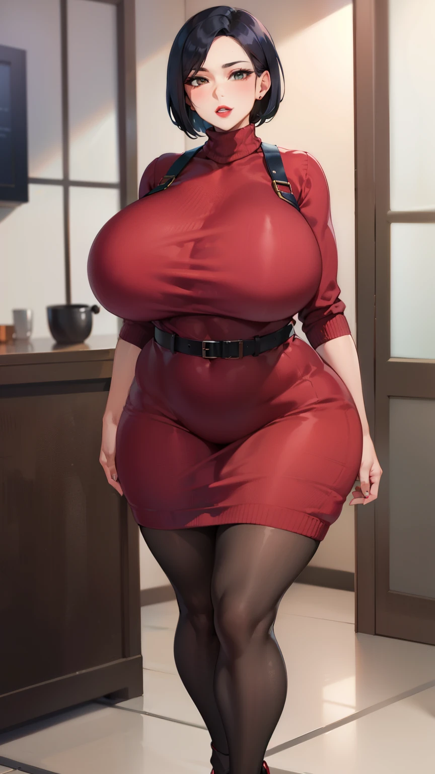 won is here, (((at last))), black hair, short hair, perfect face, perfect eyes, looking at the viewer, swollen lips, thick lips, wide hips, thick thighs, Longing face, huge natural breasts, mature mom, indoors, modern interior, fake breasts, asian women, there is a sweater, red sweater, sweater dress, turtleneck, Harness, pantyhose, black eye, looking at the viewer, big breasts, parted lips, red lips, lipstick, holster, belt, mature woman, full body shot, Strong lower body, strong legs,strong calves,plump body,