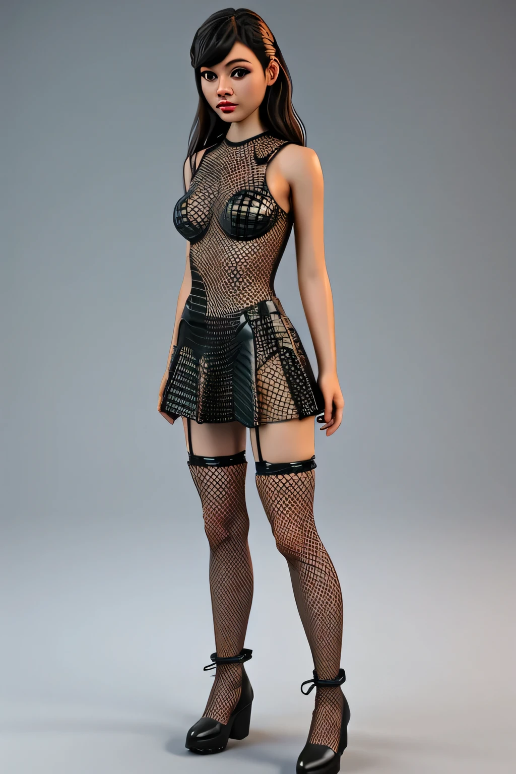 young woman mini dress and boot and fishnet stockings 3d 