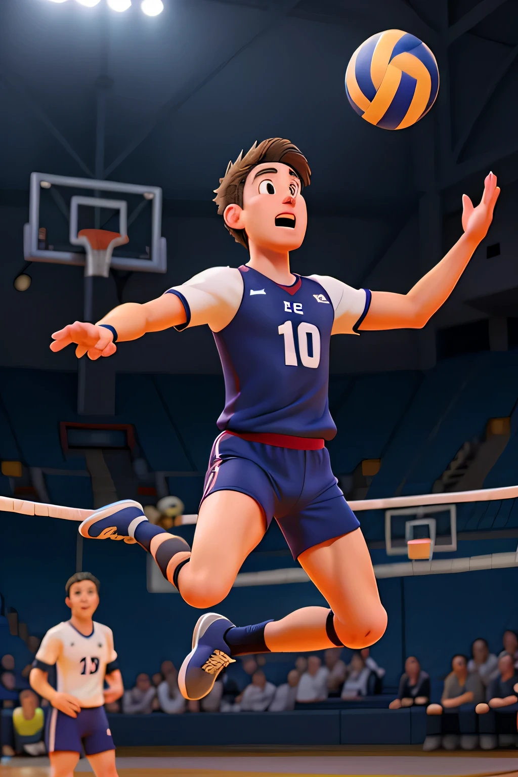 A pixelated image of a pixelated male volleyball player jumping and hitting a volleyball