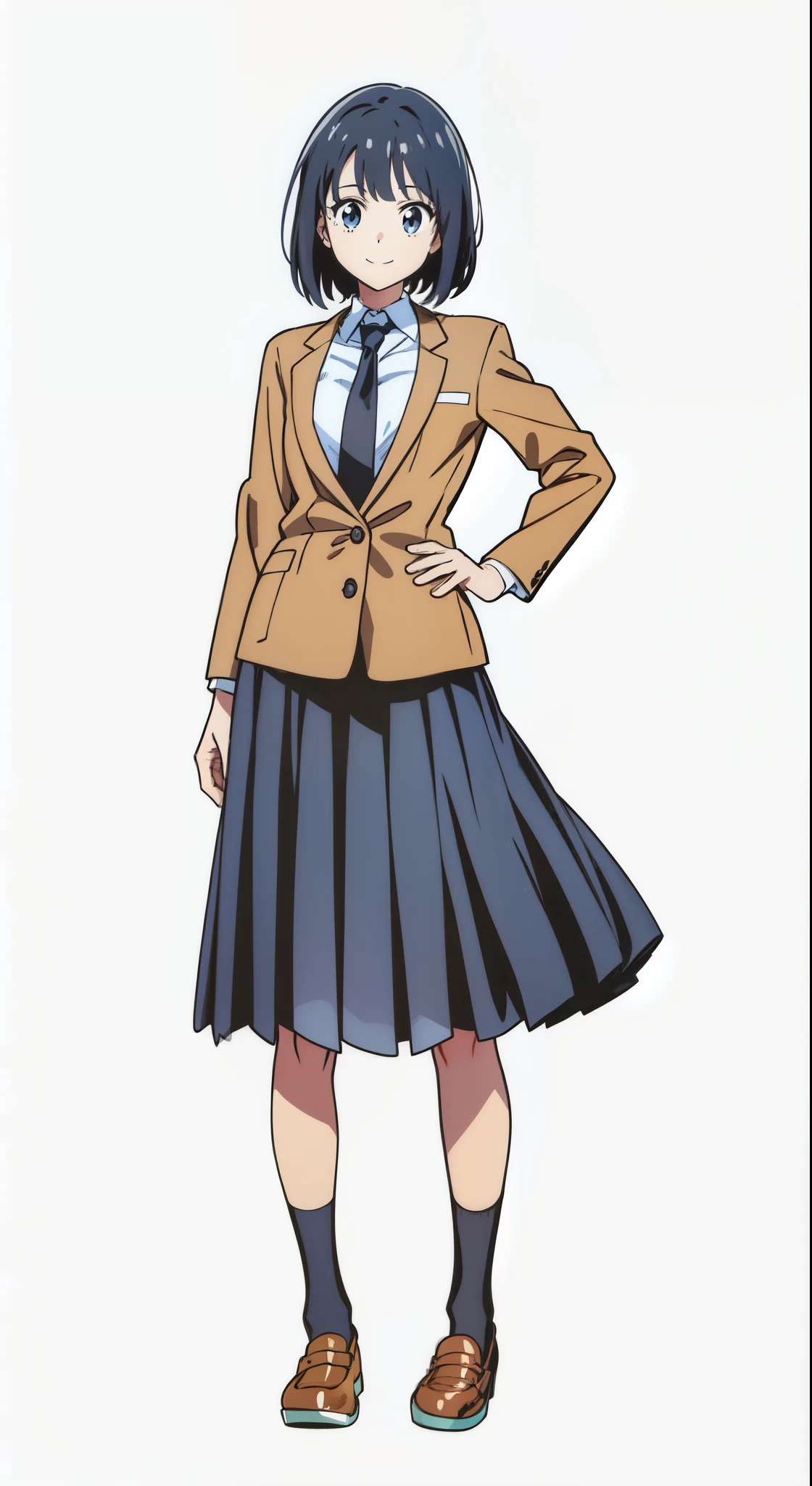 (best quality:1.0), (masterpiece:1.0), (super fine illustration:1.0), (beautiful artwork:1.0), (anime screencap:1.0), (official art:1.0), (tareme:1.5), (cheerful:1.5), (light smile:1.5), (white background:1.0), (best quality:1.0), (masterpiece:1.0), (super fine illustration:1.0), (beautiful artwork:1.0), (anime screencap:1.0), (official art:1.0), (full body:1.0), (solo:1.0), (HSGA:1.0), (a 18yo cute girl:1.0), (long skirt:1.0), (dark blue skirt:1.0), (pleated skirt:1.0), (school uniform beige blazer:1.0), (dark blue necktie:1.0), (loafers:1.0), (black socks:1.0), (ideal ratio body proportions:1.0), (lanky:1.0), (tall:1.0), (slender:1.0), (small breasts:1.0), (smaller face:1.0), (tareme:1.0), (detailed beautiful eyes:1.0), (detailed beautiful face:1.0), (glowing black eyes:1.0), (bob cut hair:1.0), (black hair:1.0), (standing:1.0), (looking at viewer:1.0)