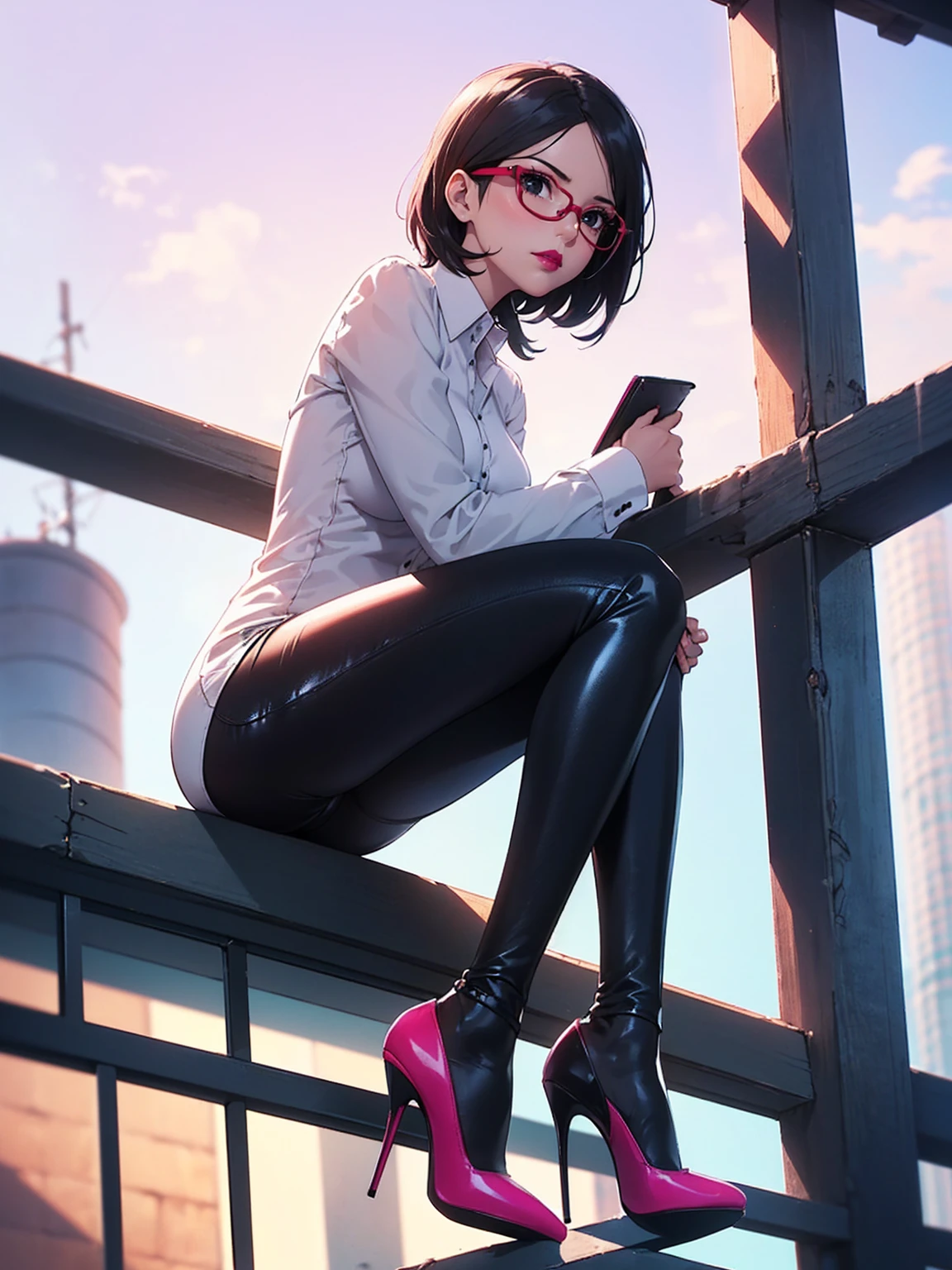 (1girl, solo, alone), (WakatsukiRisa, Sarada Uchiha, black hair, short hair, black eyes, red glasses), ((solo, (1woman, pink lipstick, (small breasts), black eyes), Extremely detailed, ambient soft lighting, 4k, perfect eyes, a perfect face, perfect lighting, a 1girl)), austere, ((black leather pants, (high heels, ((dress shirt, white shirt, long sleeve blouse))), black leggings, leather pants, black pants, ((stiletto high heels, (peep toes), black high heels with red soles, high heels)), tight clothes, shiny leather, leather, leathery, farm, balcony, sitting on a balcony, on a balcony, looking to the left, side perspective, admiring the landscape, farm background, pond))