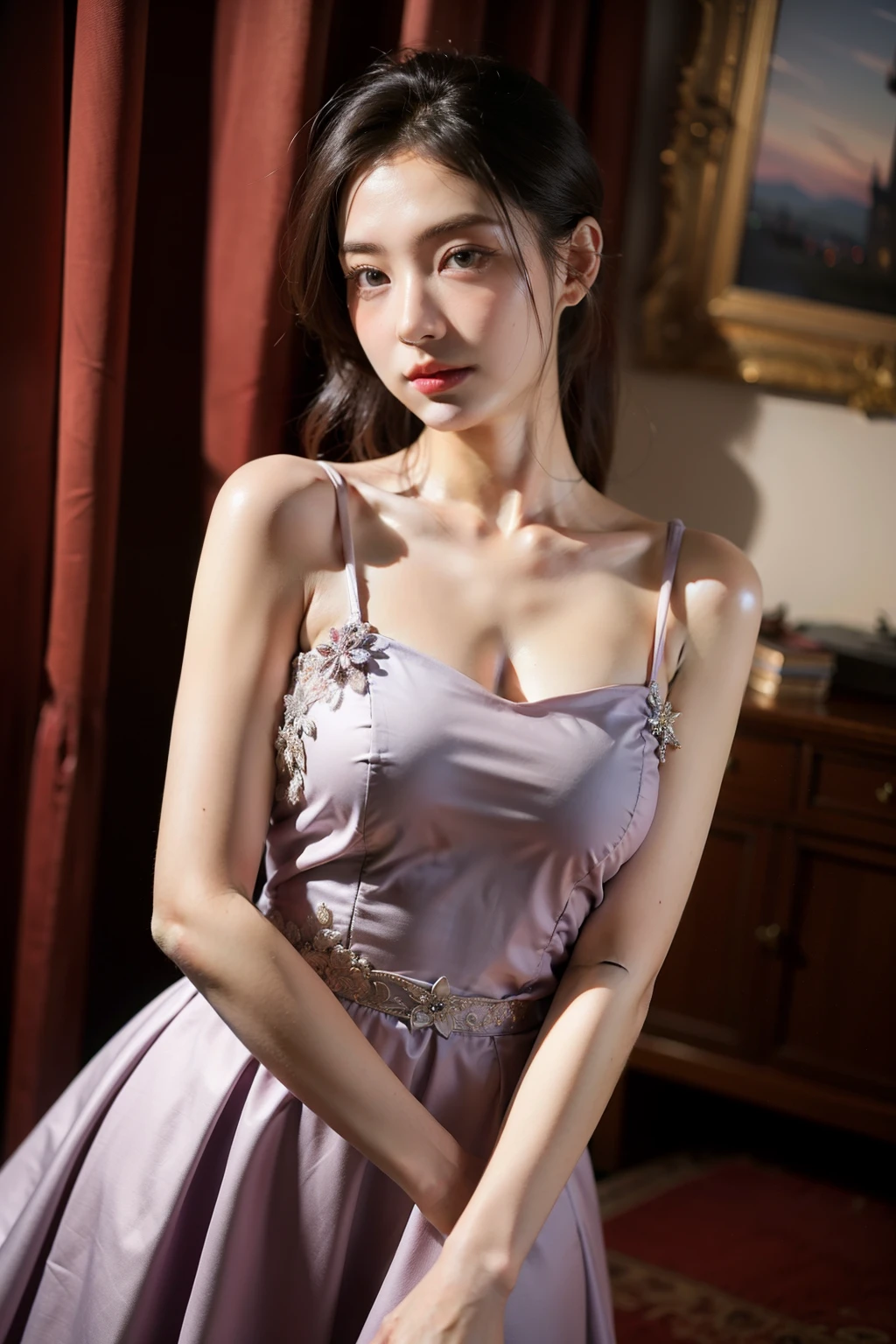 ((best quality)), ((masterpiece)), (detailed), perfect face, 1 woman wearing a dress, Photo zone with red or violet colored curtains, detailed dress,