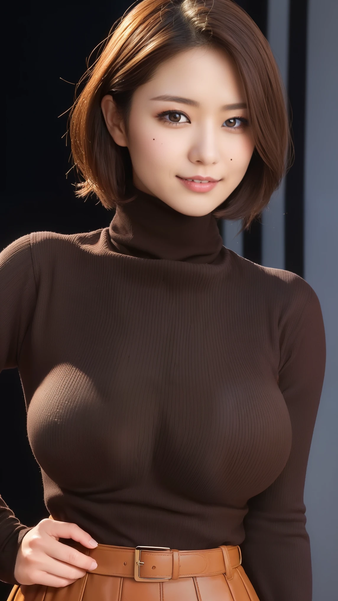 黒いturtleneckのセーターを着た日本女性、 (((masterpiece))), ((highest quality)), ((intricate details)), (((超realistic)), absurd solution, law of near and far, very detailed, realistic, 1 girl, ((big breasts)), perfect hands, finger details, beautiful and fine eyes, short hair, brown eyes,(turtleneck:1.2), Tight Skirt, detailed background, choker, perfect eyes, enchanting eyes, look at the audience, from the front、laughter、Mole around the mouth、knit dress