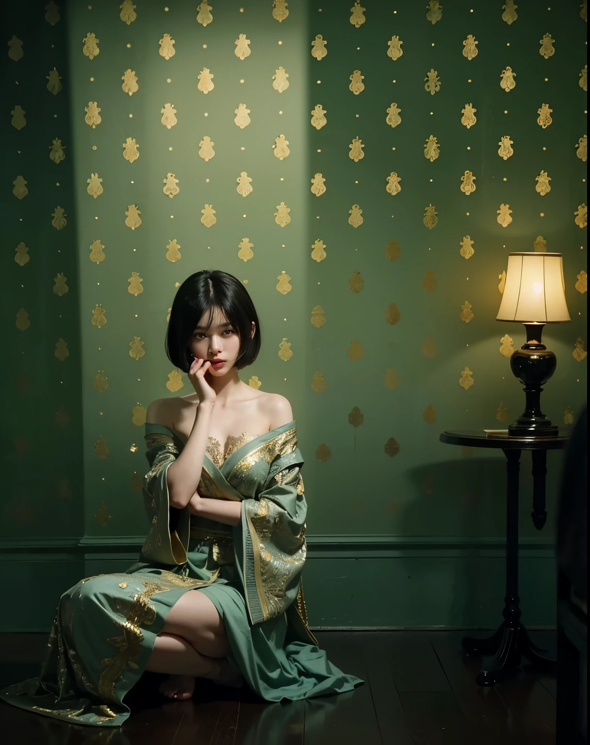 (Best quality, 8k, 32k, Masterpiece, UHD:1.2) "Generate a captivating artwork featuring a young Japanese girl model with short, sleek black hair styled in a chic bob haircut. Envision her bathed in dramatic cinematic lighting, creating an atmosphere of allure and mystery. Emphasize a romantic aesthetic vibe, showcasing the model in a poised and elegant pose that evokes a sense of intimacy and sophistication. Utilize warm and soft tones to enhance the romantic ambiance, and consider incorporating elements like flowing fabrics or flowers to add a touch of ethereal beauty. Capture the essence of romance and beauty through the model's expression, the play of light and shadows, and the overall aesthetic, creating a visually compelling and emotionally resonant piece." (perfect eyes), flawless skin, flawless face, cinematic, tight body, ((well-proportion female hands)), ((female hands with five digits)) ((Body is well proportioned)), ((chic bob haircut)), soft focus ((Short Black Hair)),