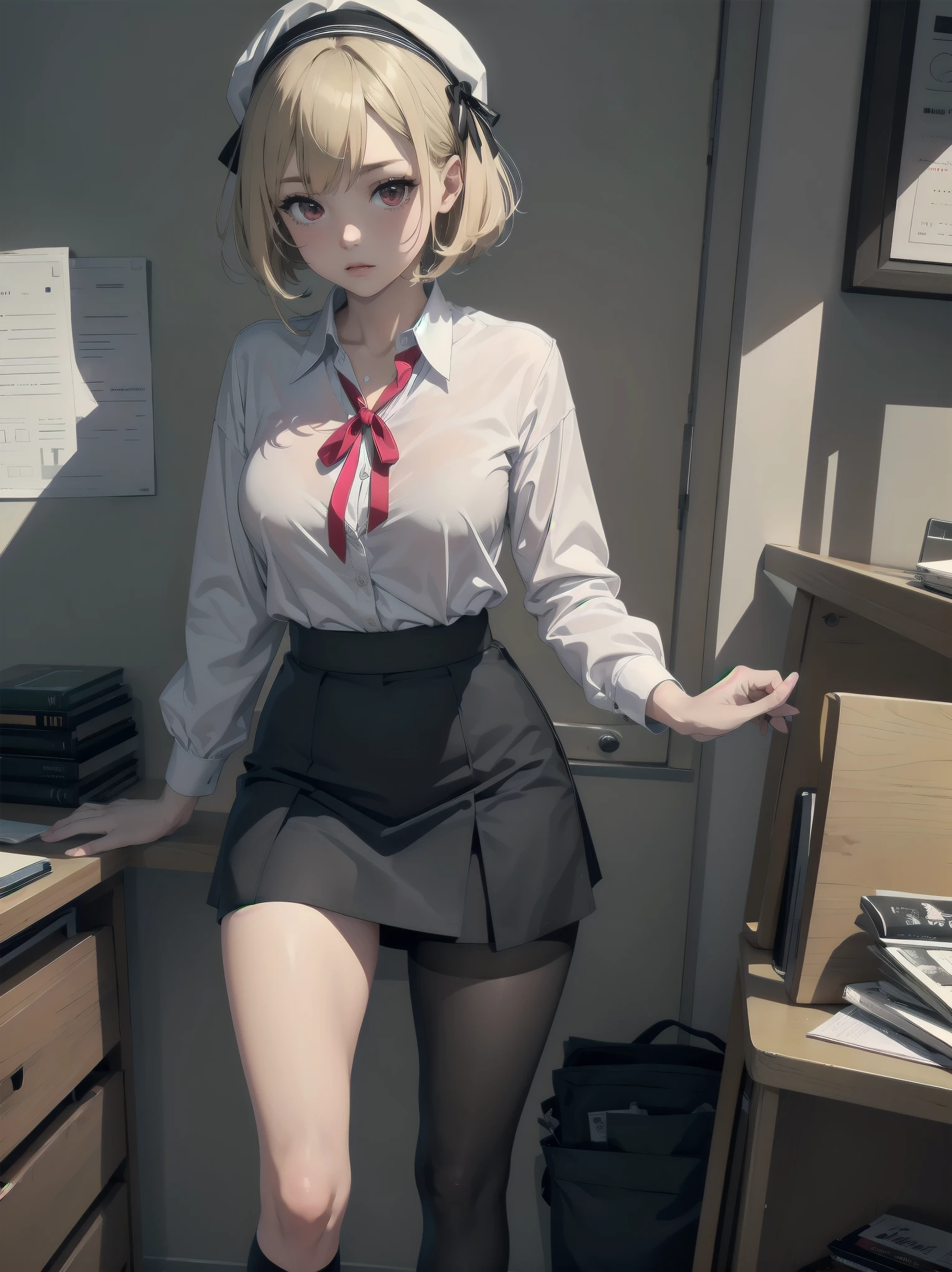 (Masterpiece: 1. 2), (Top quality: 1. 2), Anime girl, One, Blonde hair, Hair clip on right side of forelock, Black cap, Wine red eyes, White female shirt, Brand grey blazer, Small red ribbon across chest, Office clothes, One size larger shirt, Checked priss skirt, Black tights, tights with fine detail, full body, large breasts, front view, alone, bruised and super cute