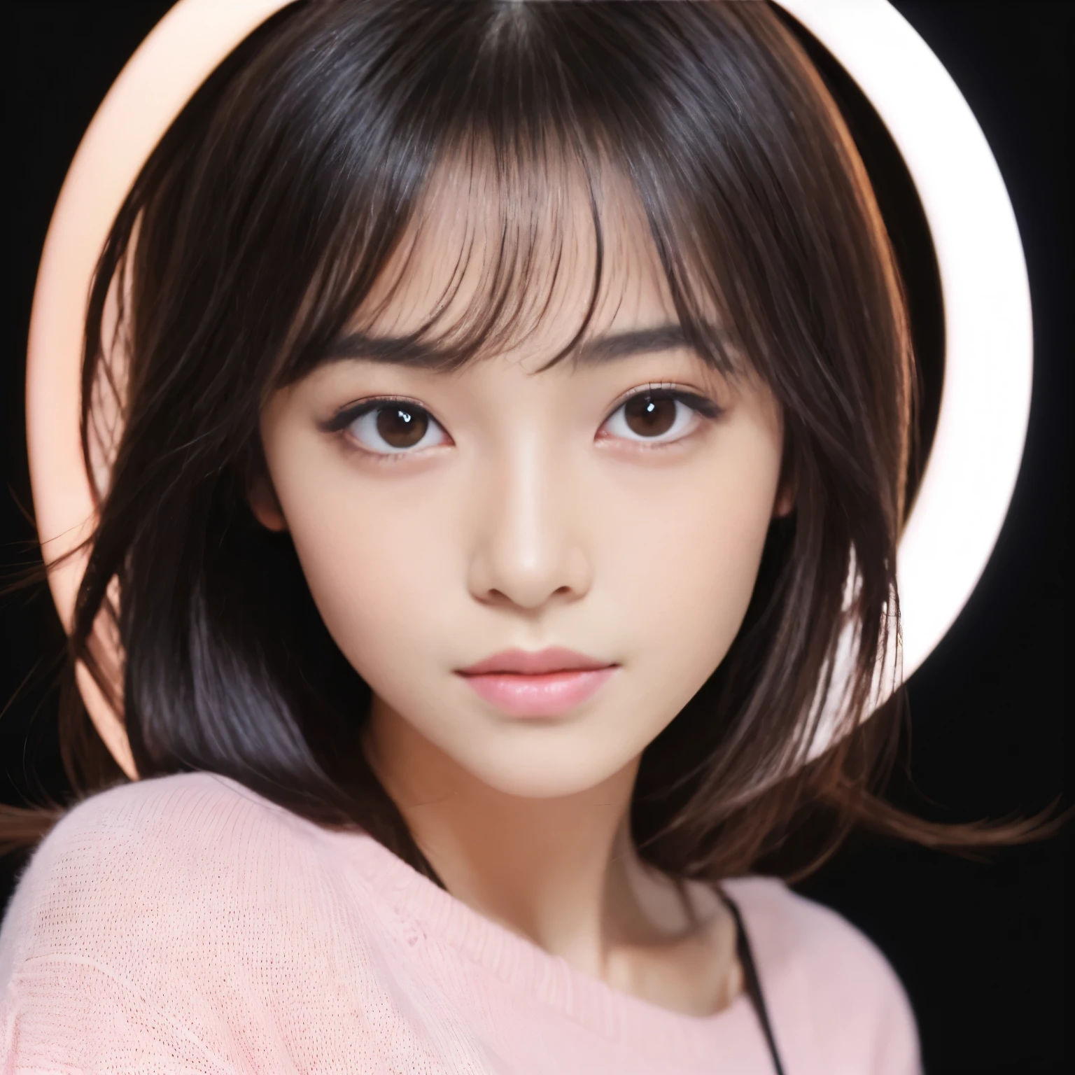 ((Best-quality, Masterpiece, Ultra-High-Resolution, (Photorealistic:1.9), Raw-Photo, Extremely-Details, Perfect-Anatomy)), 1girl, 25-years-old, the most popular Japanese idol, (((((extremely cute face like a most famous Japanese idol, extremely beautiful big-black-solid-circle-eyes, extremely beautiful hair))))), extremely beautiful lips, extremely beautiful long-eyelashes, (extremely beautiful realistic-skins), wearing only light-pink loose-sweater