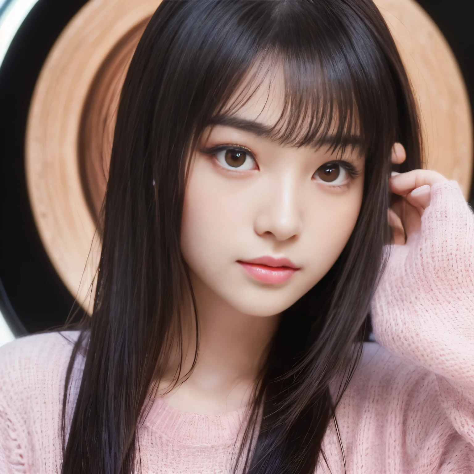 ((Best-quality, Masterpiece, Ultra-High-Resolution, (Photorealistic:1.9), Raw-Photo, Extremely-Details, Perfect-Anatomy)), 1girl, 25-years-old, the most popular Japanese idol, (((((extremely cute face like a most famous Japanese idol, extremely beautiful big-black-solid-circle-eyes, extremely beautiful hair))))), extremely beautiful lips, extremely beautiful long-eyelashes, (extremely beautiful realistic-skins), wearing only light-pink loose-sweater