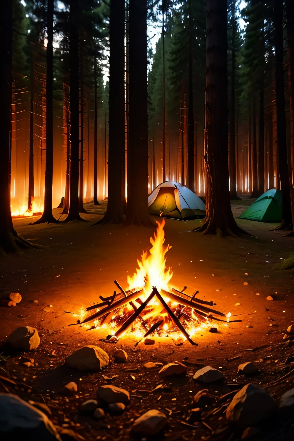 Amidst the darkness of the forest at night, the bonfire flame dances, casting eerie shadows over the quiet camping tent.