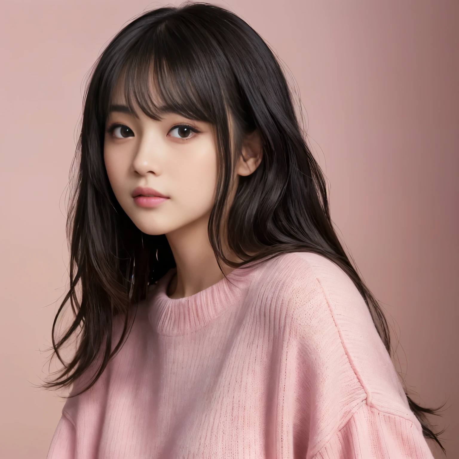 ((Best-quality, Masterpiece, Ultra-High-Resolution, (Photorealistic:1.9), Raw-Photo, Extremely-Details, Perfect-Anatomy)), 1girl, 25-years-old, the most popular Japanese idol, (((((extremely cute face like a most famous Japanese idol, extremely beautiful extremely big-black-eyes, extremely beautiful hair))))), extremely beautiful lips, extremely beautiful long-eyelashes, (extremely beautiful realistic-skins), wearing only light-pink loose-sweater