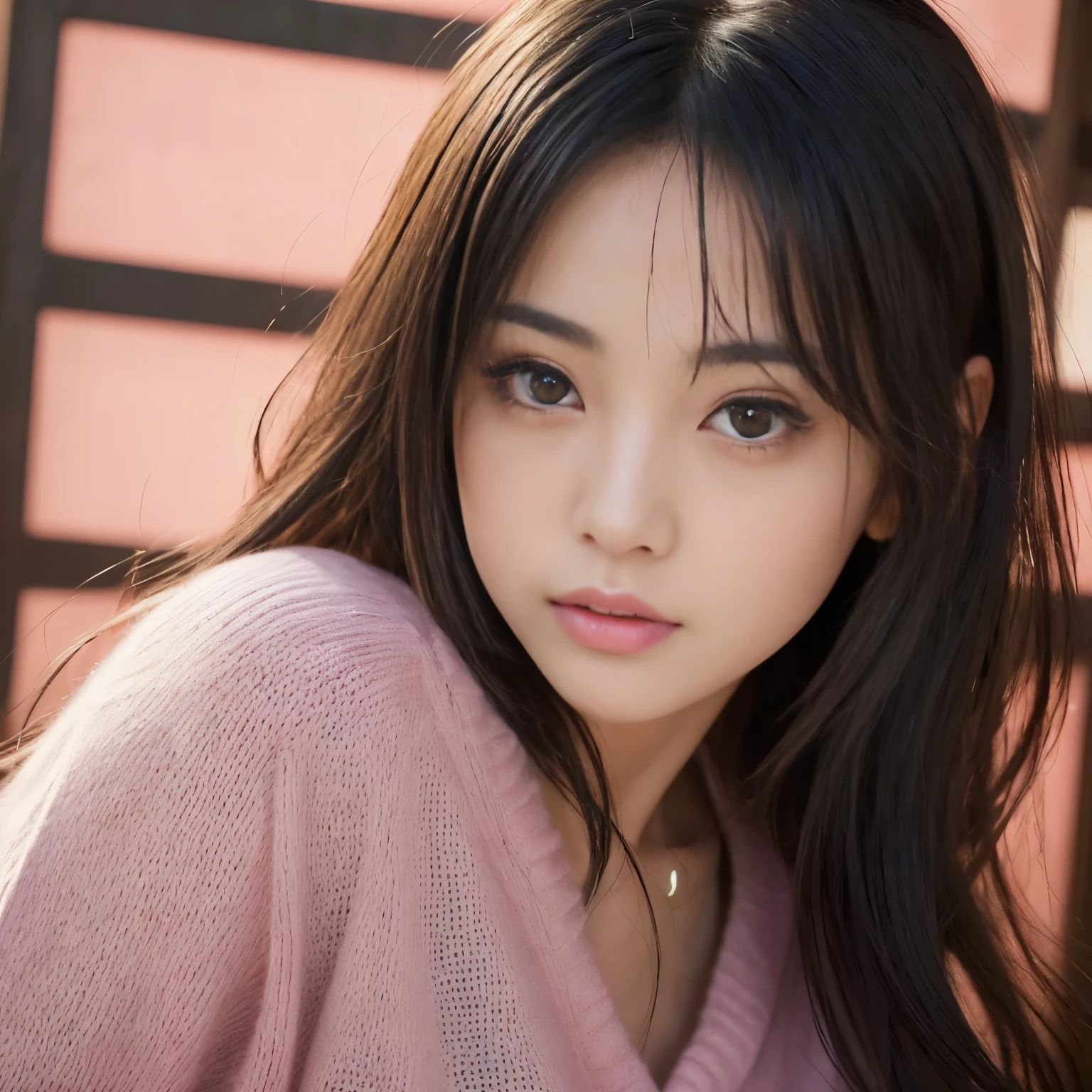 ((Best-quality, Masterpiece, Ultra-High-Resolution, (Photorealistic:1.9), Raw-Photo, Extremely-Details, Perfect-Anatomy)), 1girl, 25-years-old, the most popular Japanese idol, (((((extremely cute face like a most famous Japanese idol, extremely beautiful extremely big-black-eyes, extremely beautiful hair))))), extremely beautiful lips, extremely beautiful long-eyelashes, (extremely beautiful realistic-skins), wearing only light-pink loose-sweater