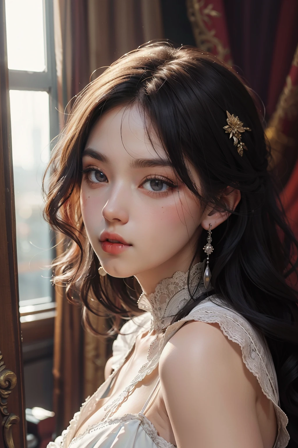((best quality)), ((masterpiece)), (detailed), perfect face, 1 woman wearing a dress, Photo zone with red or violet colored curtains, detailed dress,