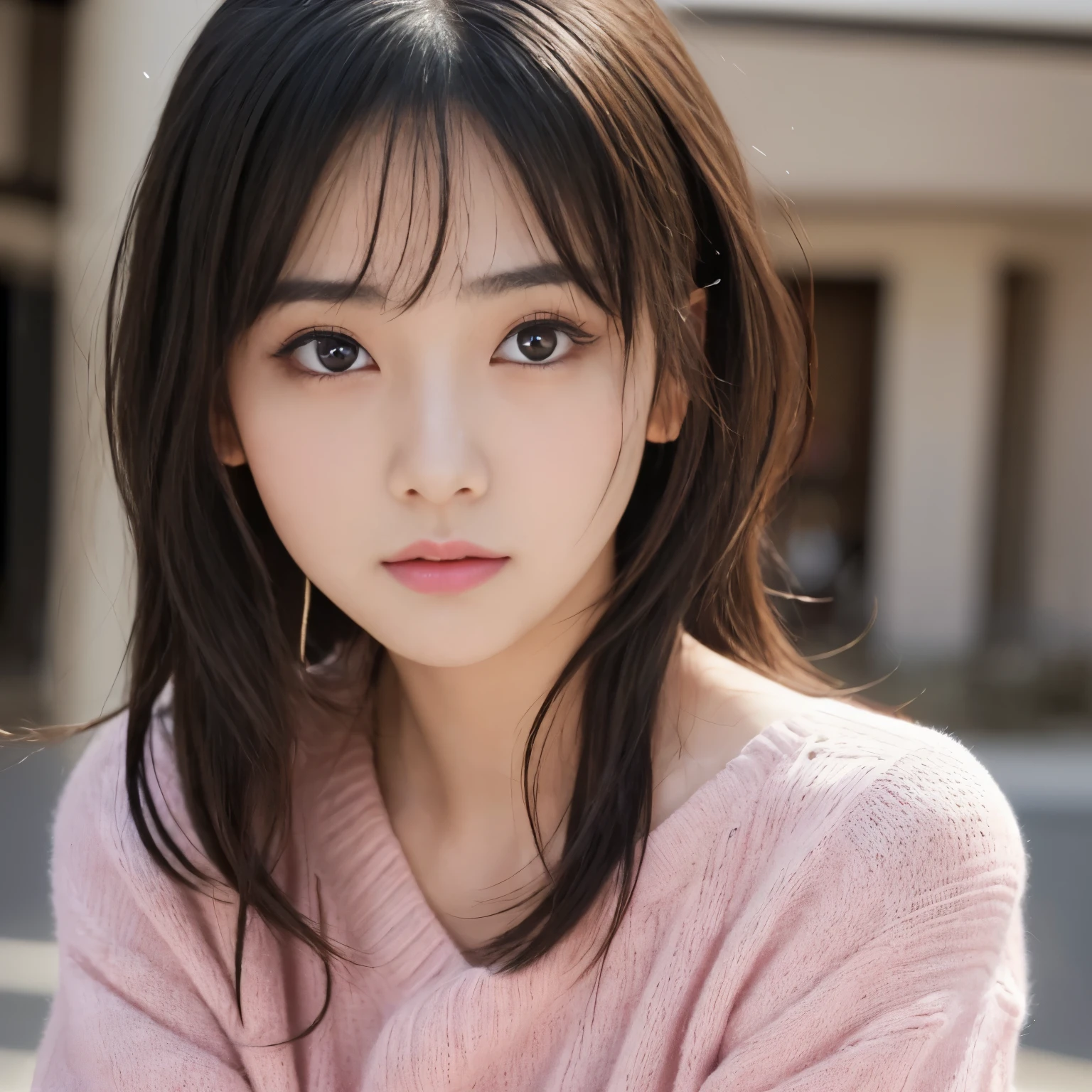 ((Best-quality, Masterpiece, Ultra-High-Resolution, (Photorealistic:1.9), Raw-Photo, Extremely-Details, Perfect-Anatomy)), 1girl, 25-years-old, the most popular Japanese idol, (((((extremely cute face like a most famous Japanese idol, extremely beautiful extremely big-black-eyes, extremely beautiful hair))))), extremely beautiful lips, extremely beautiful long-eyelashes, (extremely beautiful realistic-skins), wearing only light-pink loose-sweater