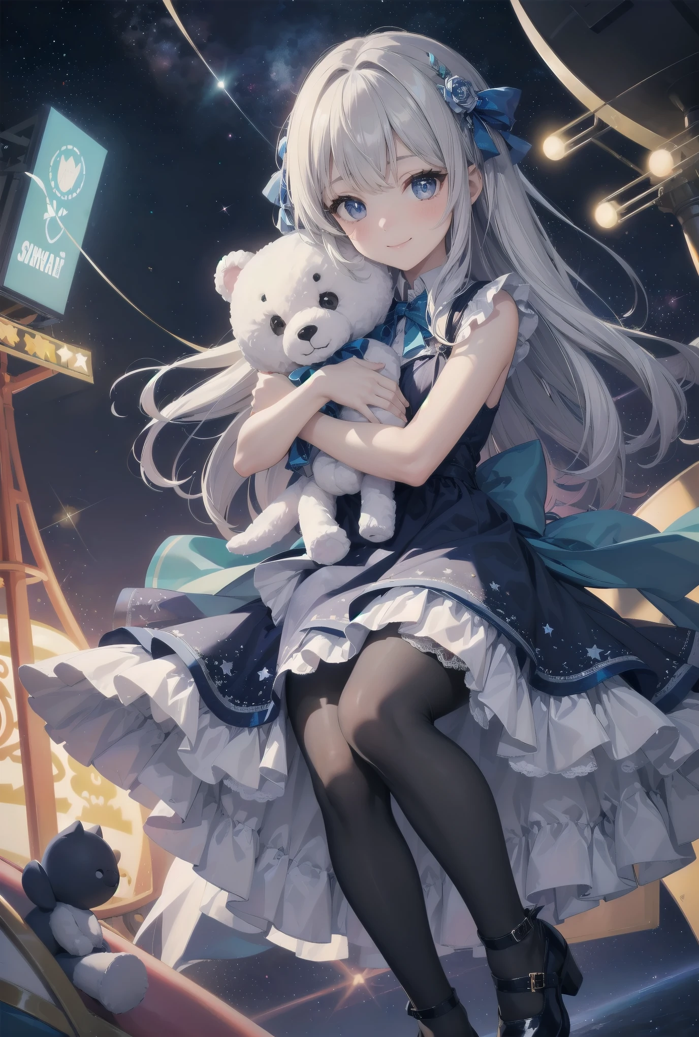 A girl hugging a stuffed animal in a space amusement park:.Amidst the colorful lights and stars of a space amusement park, a young girl holds a large stuffed animal in her arms. She is dressed in a dreamy blue dress decorated with lace and ribbons in the shape of stars. Her black tights are decorated with shiny floral patterns, and she wears shoes with silver glitter on her feet. The girl's expression is shy and smiling, and behind her is an infinite universe, with stars twinkling all around her. This scene captures a fantastic moment when dream and reality intersect