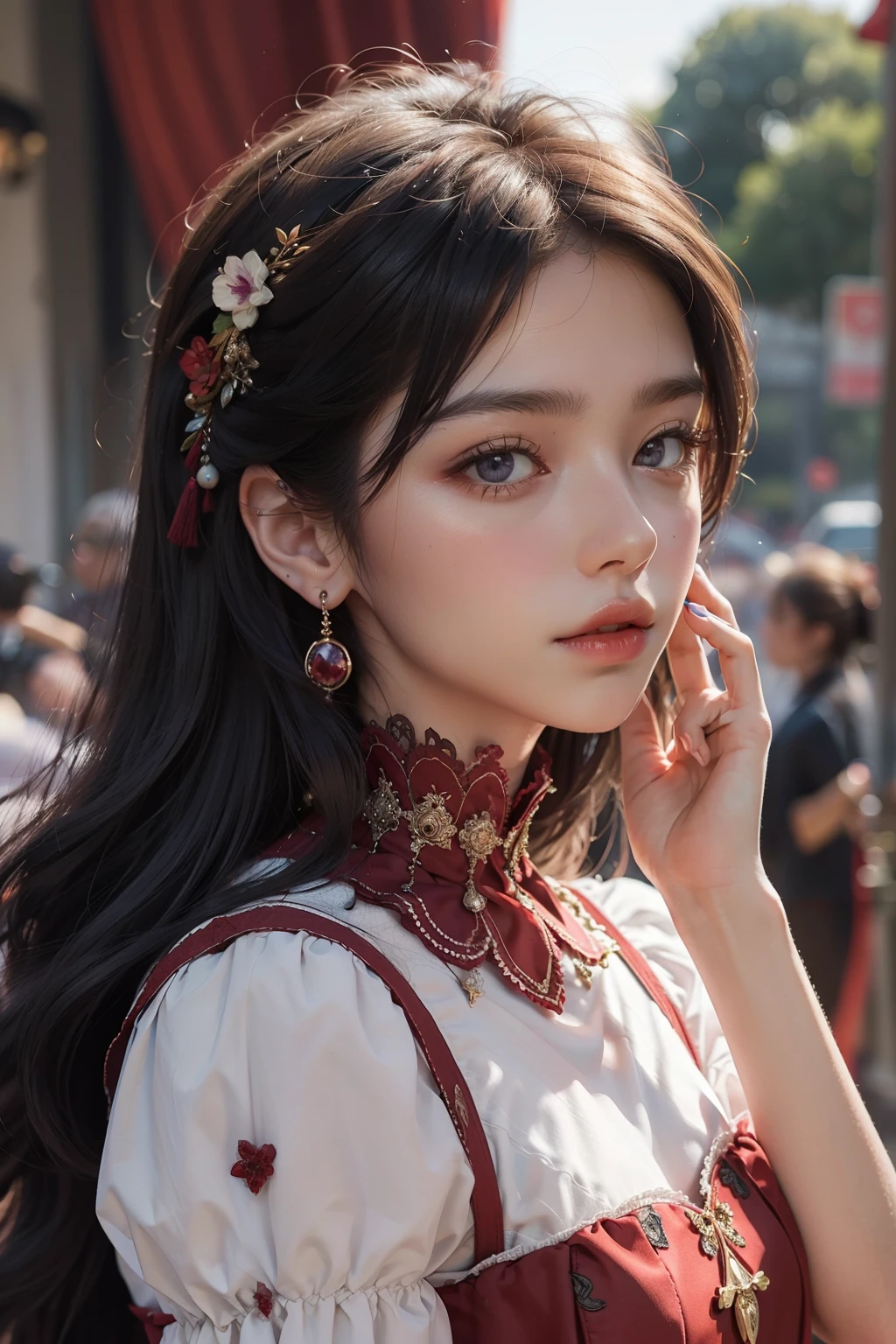 ((best quality)), ((masterpiece)), (detailed), perfect face, 1 woman wearing a dress, Photo zone with red or violet colored curtains, detailed dress,