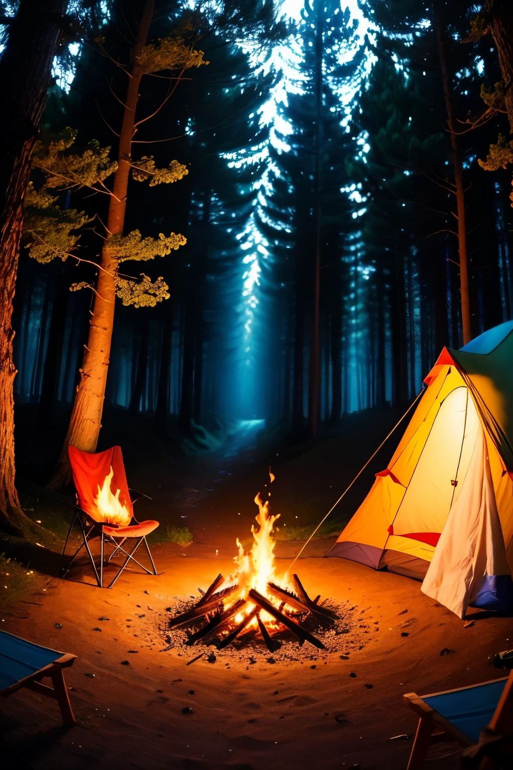 
"Na serenidade do bosque noturno, the bonfire flame dances, painting dancing shadows around the cozy camping tent."




