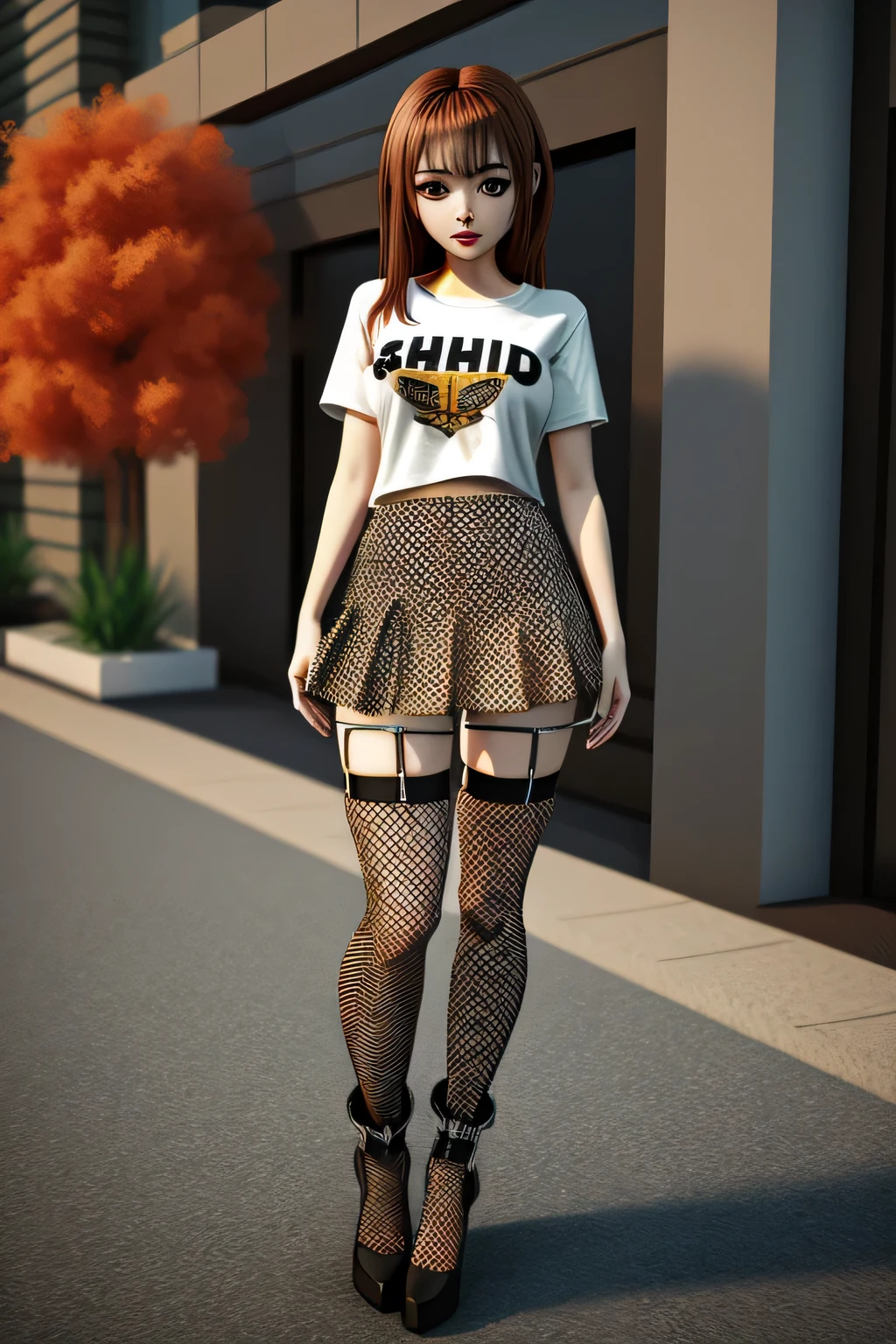 young woman mini-skirt t-shirt and thigh-high boots and 3d fishnet stockings