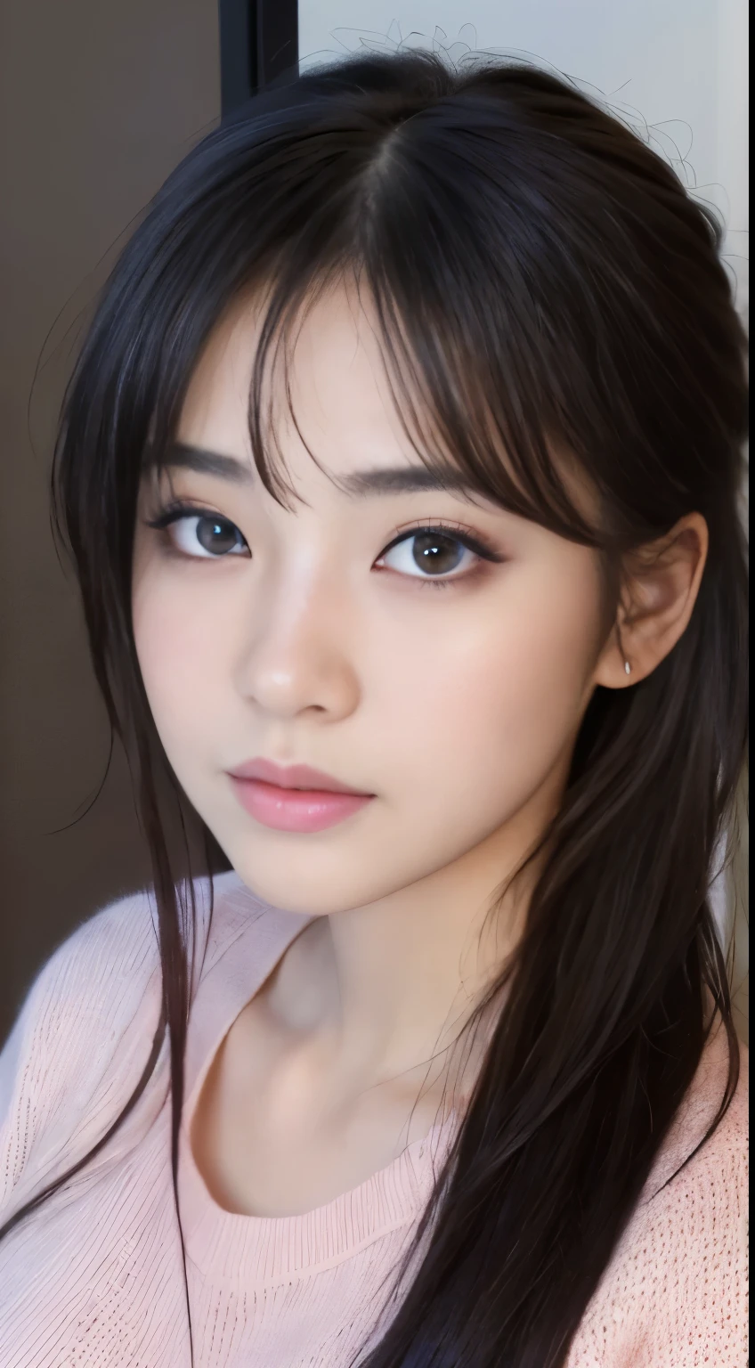 ((Best-quality, Masterpiece, Ultra-High-Resolution, (Photorealistic:1.9), Raw-Photo, Extremely-Details, Perfect-Anatomy)), 1girl, 25-years-old, the most popular Japanese idol, close-up of face, (((((extremely cute face like a most famous Japanese idol, extremely beautiful extremely big-black-eyes, extremely beautiful hair))))), extremely beautiful lips, extremely beautiful long-eyelashes, (extremely beautiful realistic-skins), wearing only light-pink loose-sweater