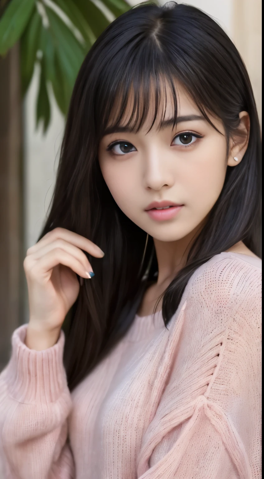 ((Best-quality, Masterpiece, Ultra-High-Resolution, (Photorealistic:1.9), Raw-Photo, Extremely-Details, Perfect-Anatomy)), 1girl, 25-years-old, the most popular Japanese idol, close-up of face, (((((extremely cute face like a most famous Japanese idol, extremely beautiful extremely big-black-eyes, extremely beautiful hair))))), extremely beautiful lips, extremely beautiful long-eyelashes, (extremely beautiful realistic-skins), wearing only light-pink loose-sweater