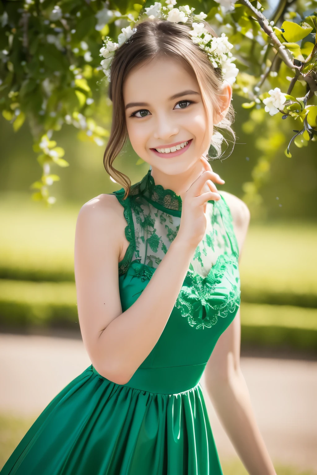 Masterpiece, Best quality, 8k, 18 ans, Photo brute, absurdes, Award-winning portrait, sourire, sourire, pure, italian, elegant vibrant green dress, spring, orchard in bloom, laces, famous singer, cute, fit, healthy, lovely