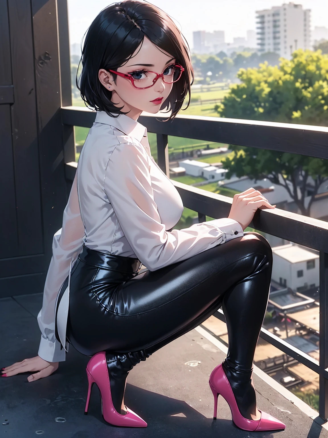beautiful girl, , kneeling down, legs slightly apart, Black Hair, Ponytail, bangs, Smile a little..., Wear black glasses, ((Wear a sleeveless sports bar..., turtleneck, black leather shorts, (underboob))), The abdomen has sexy lines..., black boots, in bedroom, anime, high-res